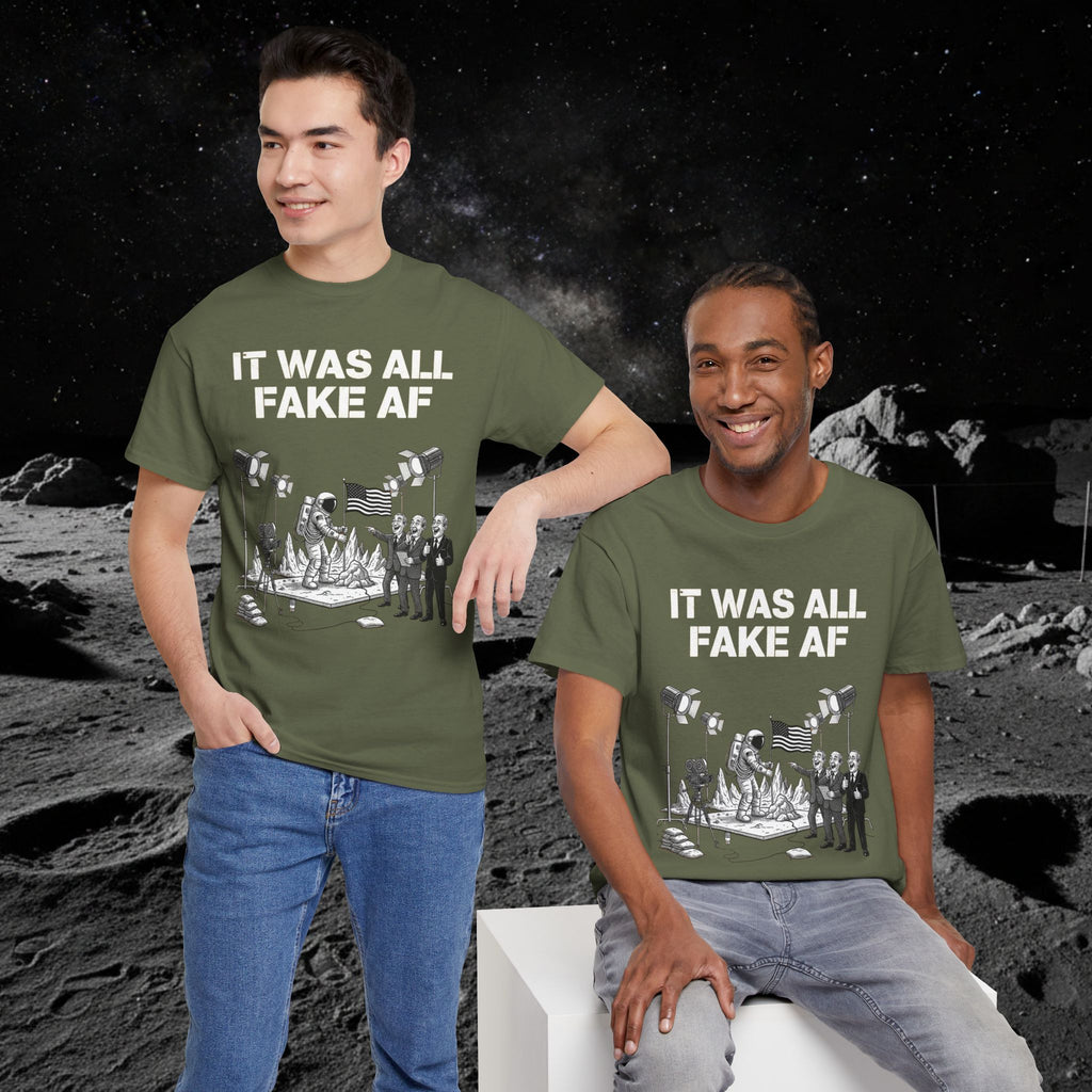 Fake Moon Landing Tee — "It Was All Fake AF" Front & "Stay Woke" Back