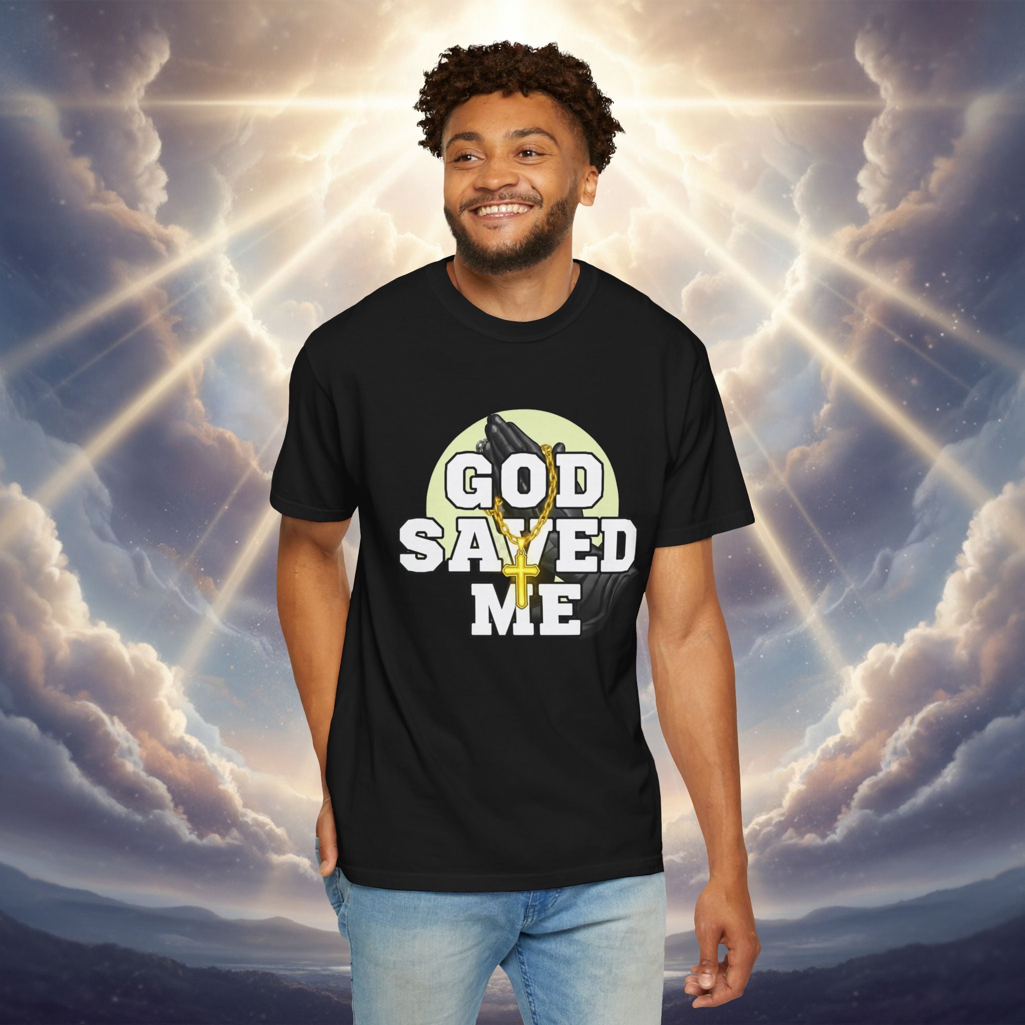 God Saved Me T-Shirt — Christian Faith Tee with Praying Hands & Psalm 27:1 Back Print