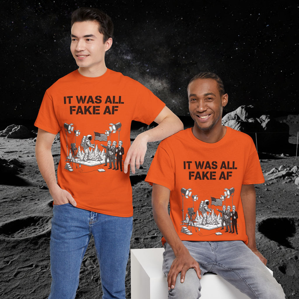 Fake Moon Landing Tee — "It Was All Fake AF" Front & "Stay Woke" Back