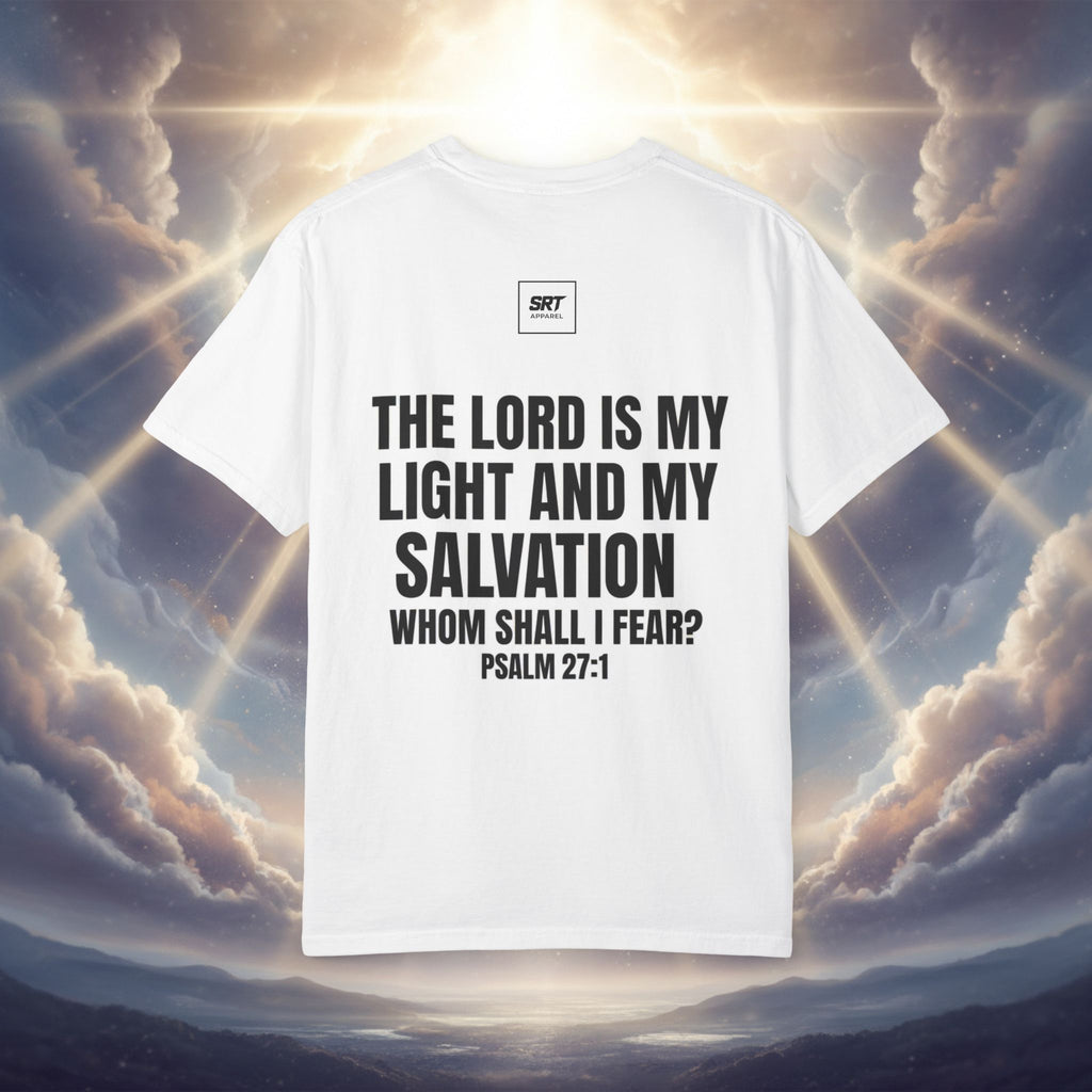 God Saved Me T-Shirt — Christian Faith Tee with Praying Hands & Psalm 27:1 Back Print