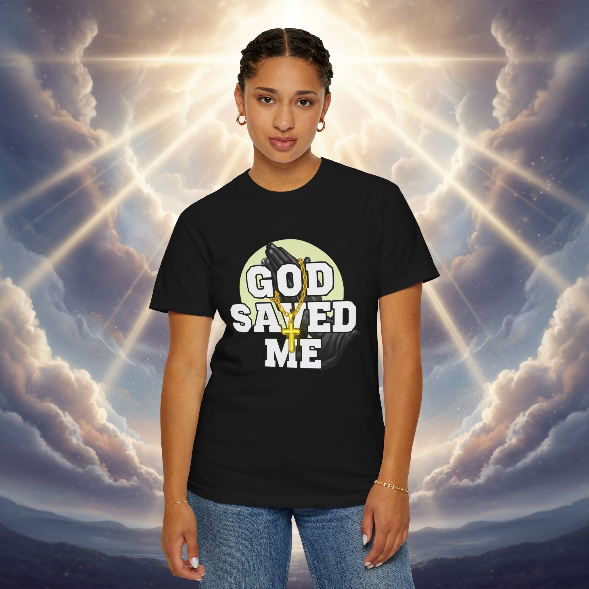 God Saved Me T-Shirt — Christian Faith Tee with Praying Hands & Psalm 27:1 Back Print