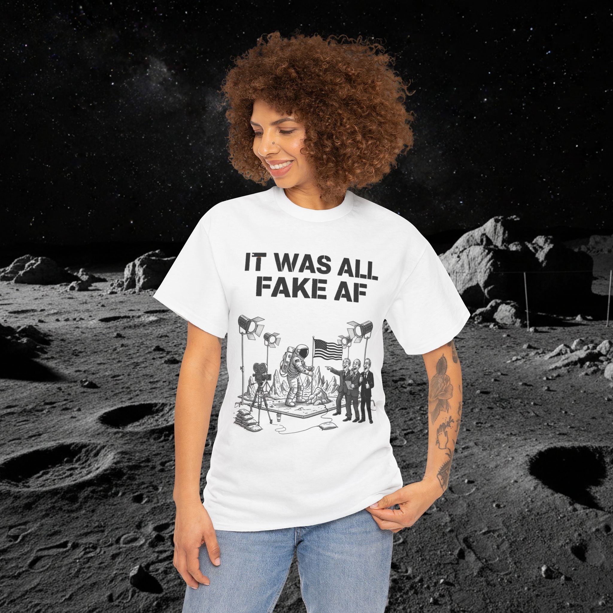 Fake Moon Landing Tee — "It Was All Fake AF" Front & "Stay Woke" Back