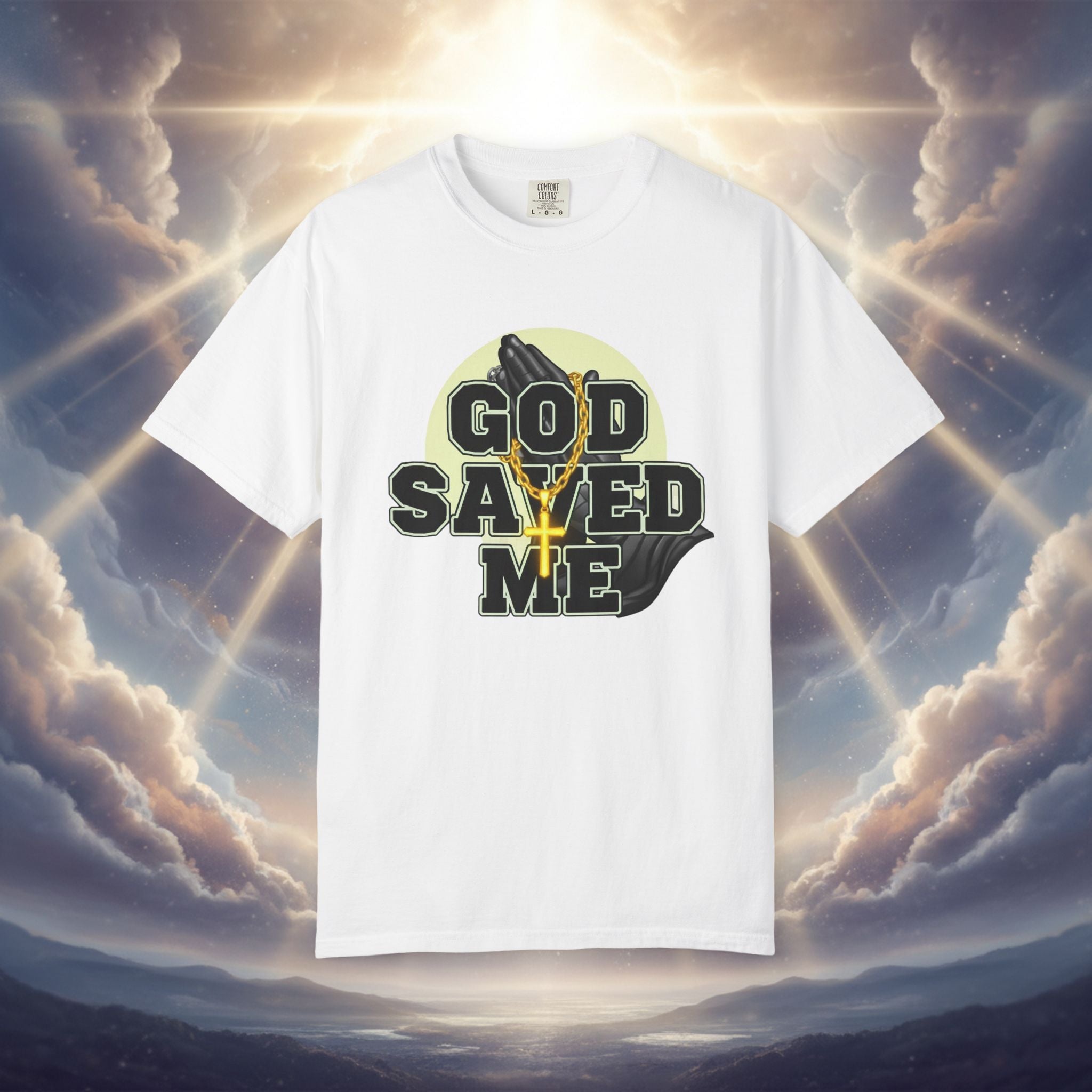 God Saved Me T-Shirt — Christian Faith Tee with Praying Hands & Psalm 27:1 Back Print