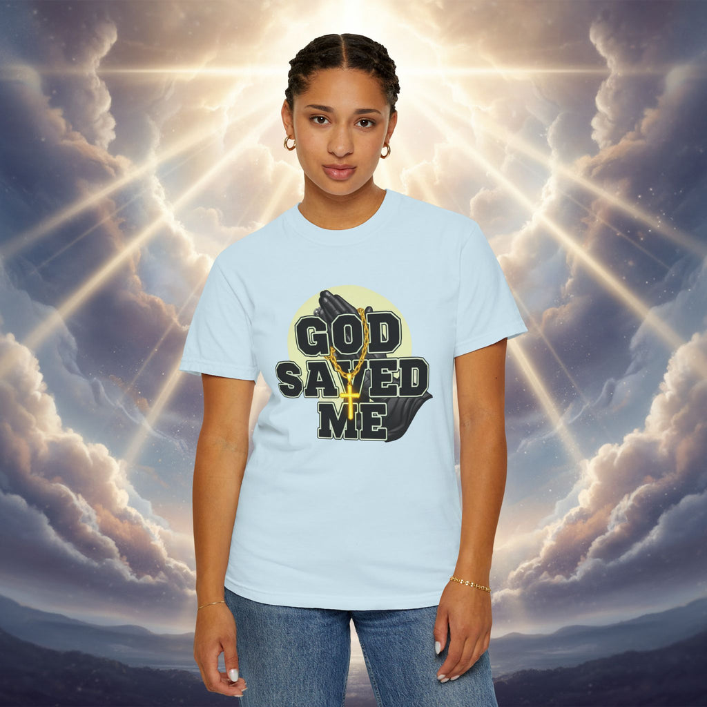 God Saved Me T-Shirt — Christian Faith Tee with Praying Hands & Psalm 27:1 Back Print