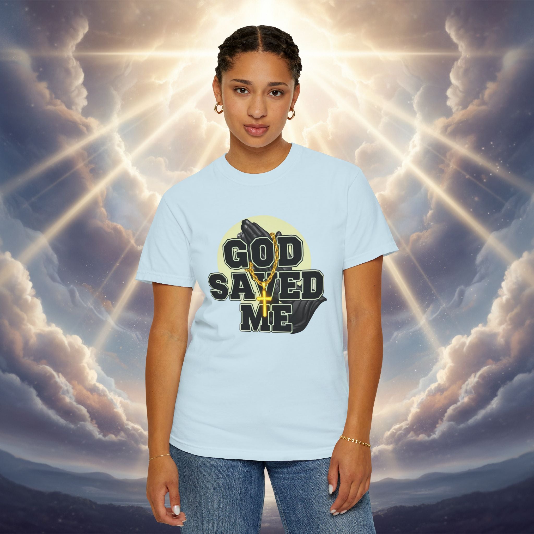 God Saved Me T-Shirt — Christian Faith Tee with Praying Hands & Psalm 27:1 Back Print