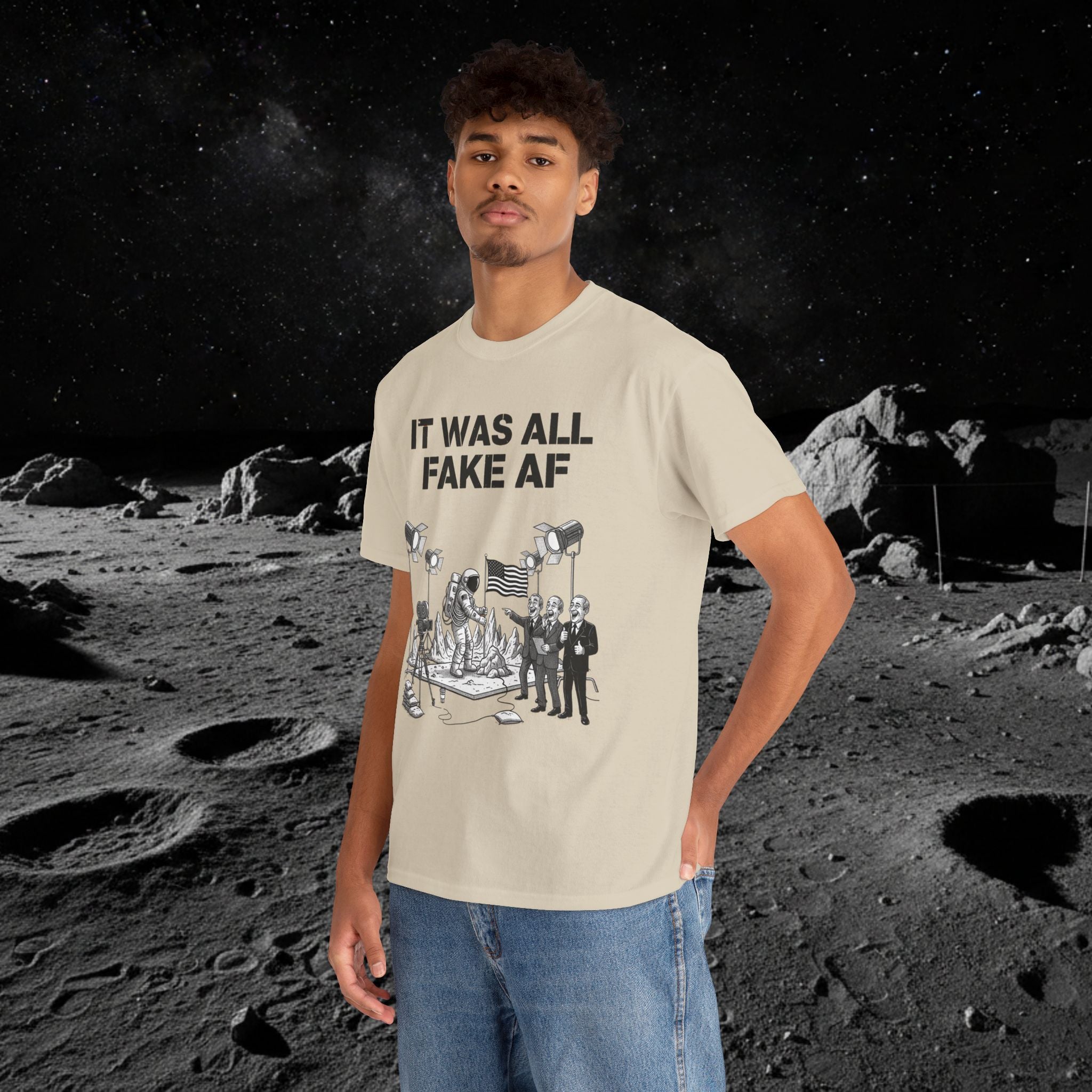 Fake Moon Landing Tee — "It Was All Fake AF" Front & "Stay Woke" Back