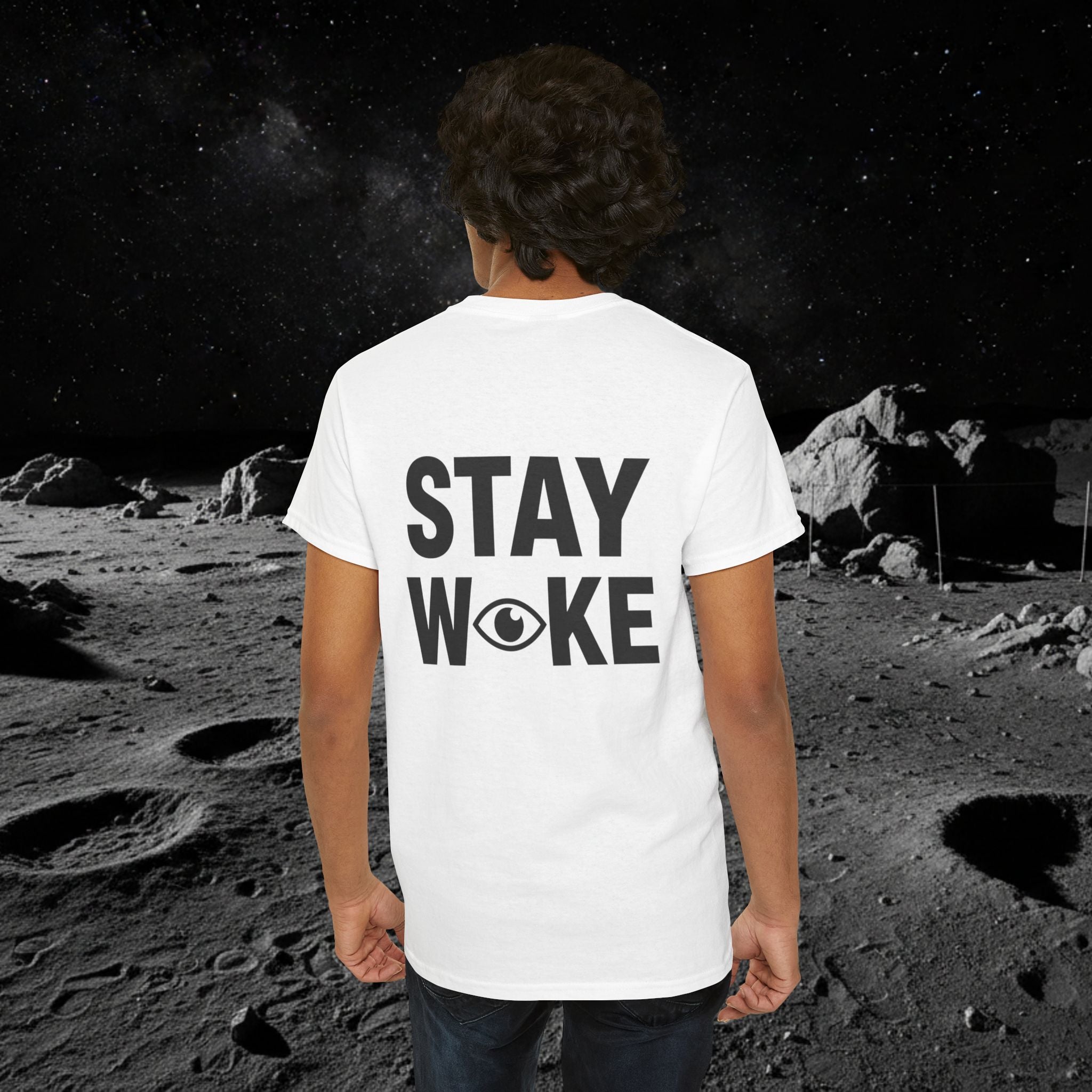 Fake Moon Landing Tee — "It Was All Fake AF" Front & "Stay Woke" Back