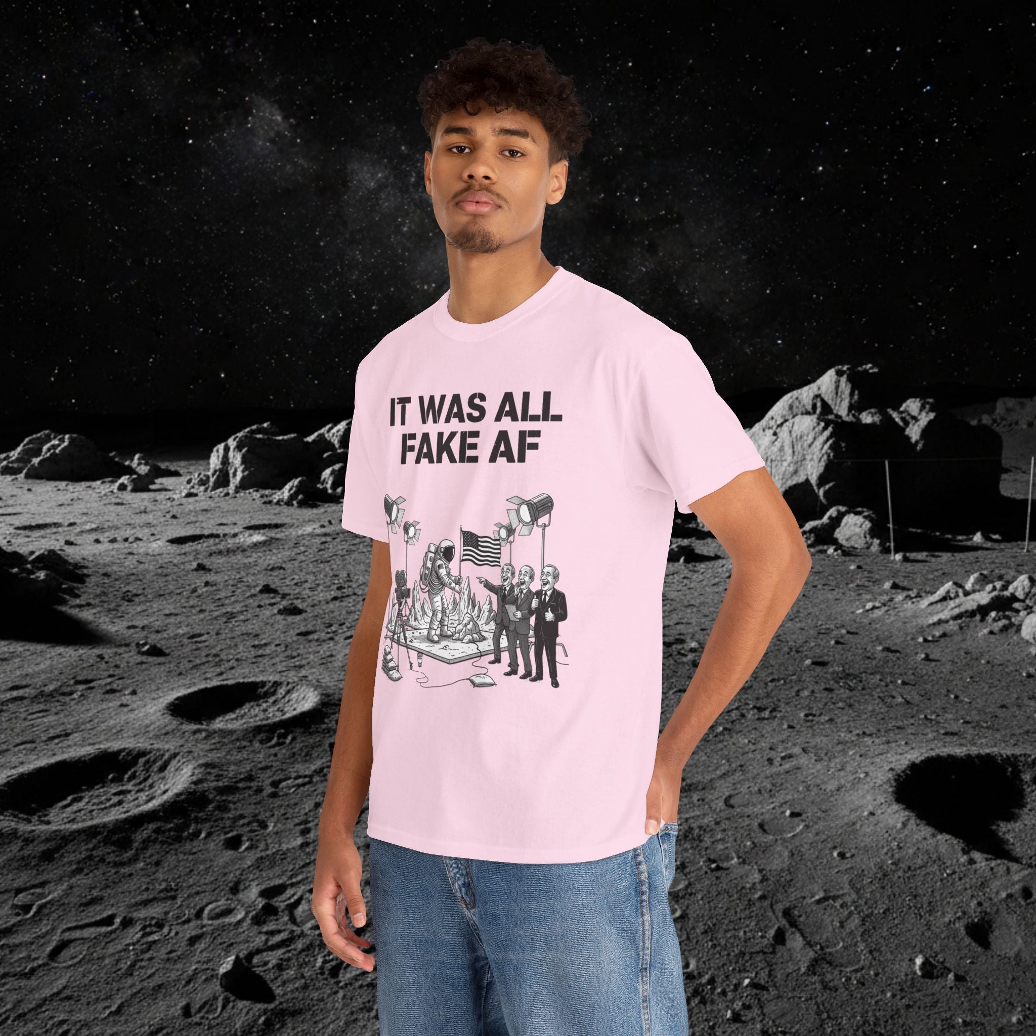 Fake Moon Landing Tee — "It Was All Fake AF" Front & "Stay Woke" Back