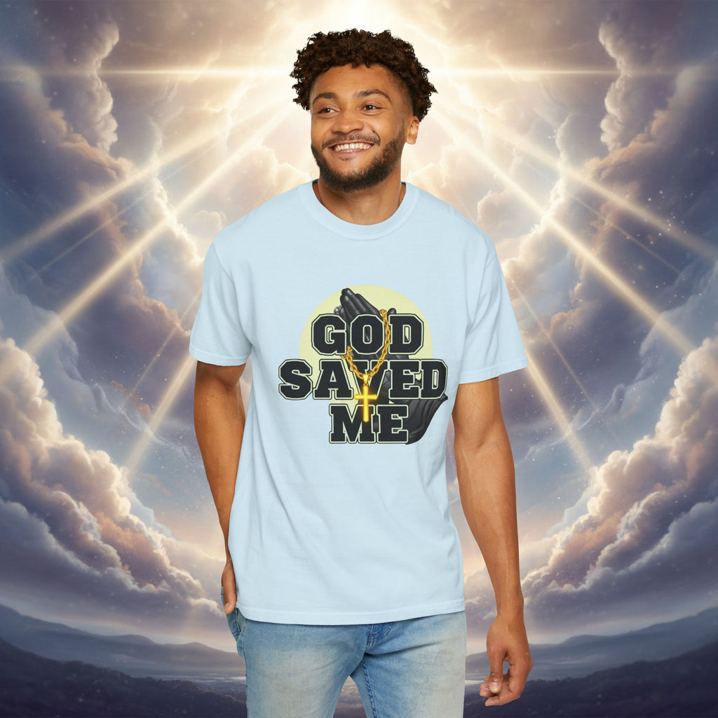God Saved Me T-Shirt — Christian Faith Tee with Praying Hands & Psalm 27:1 Back Print