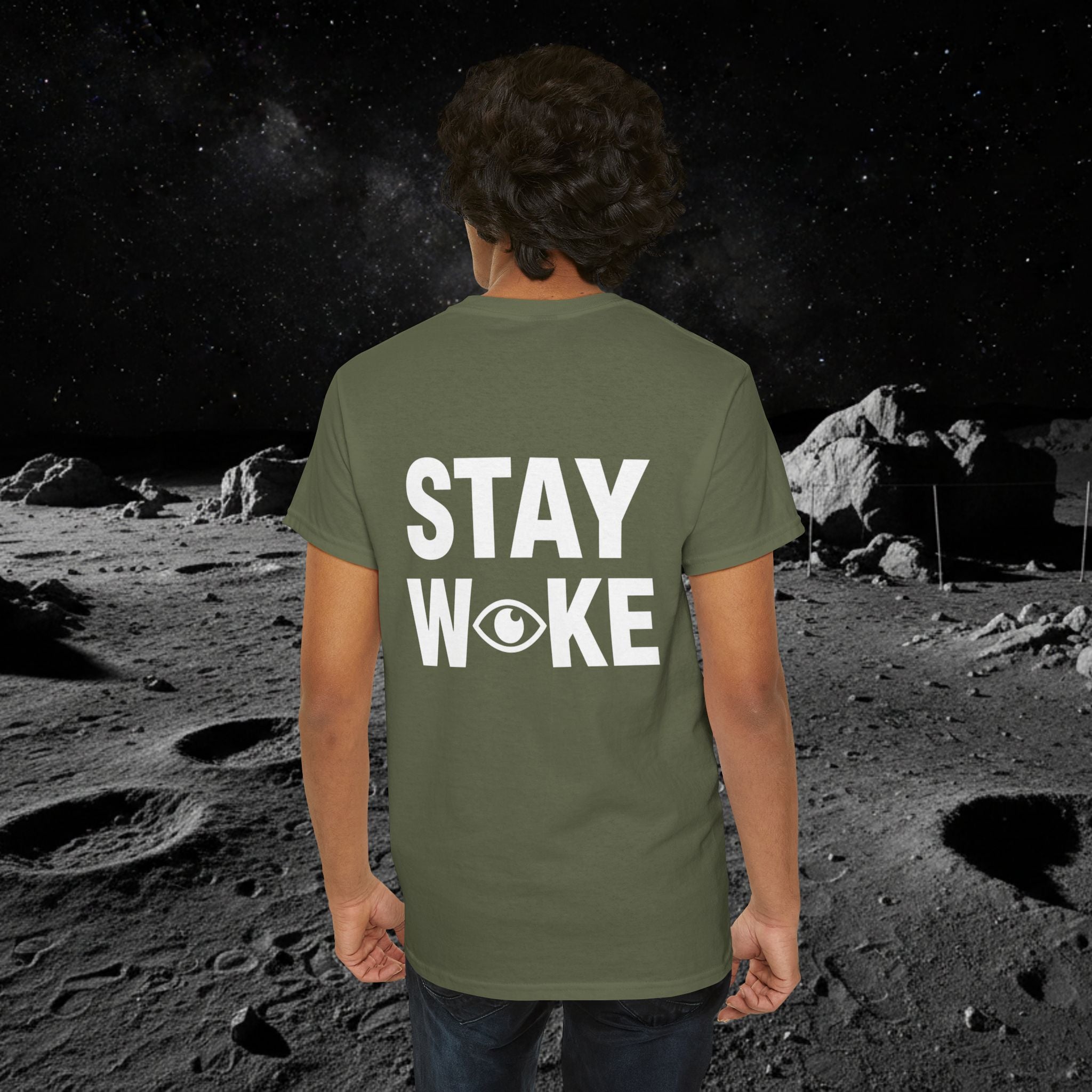 Fake Moon Landing Tee — "It Was All Fake AF" Front & "Stay Woke" Back