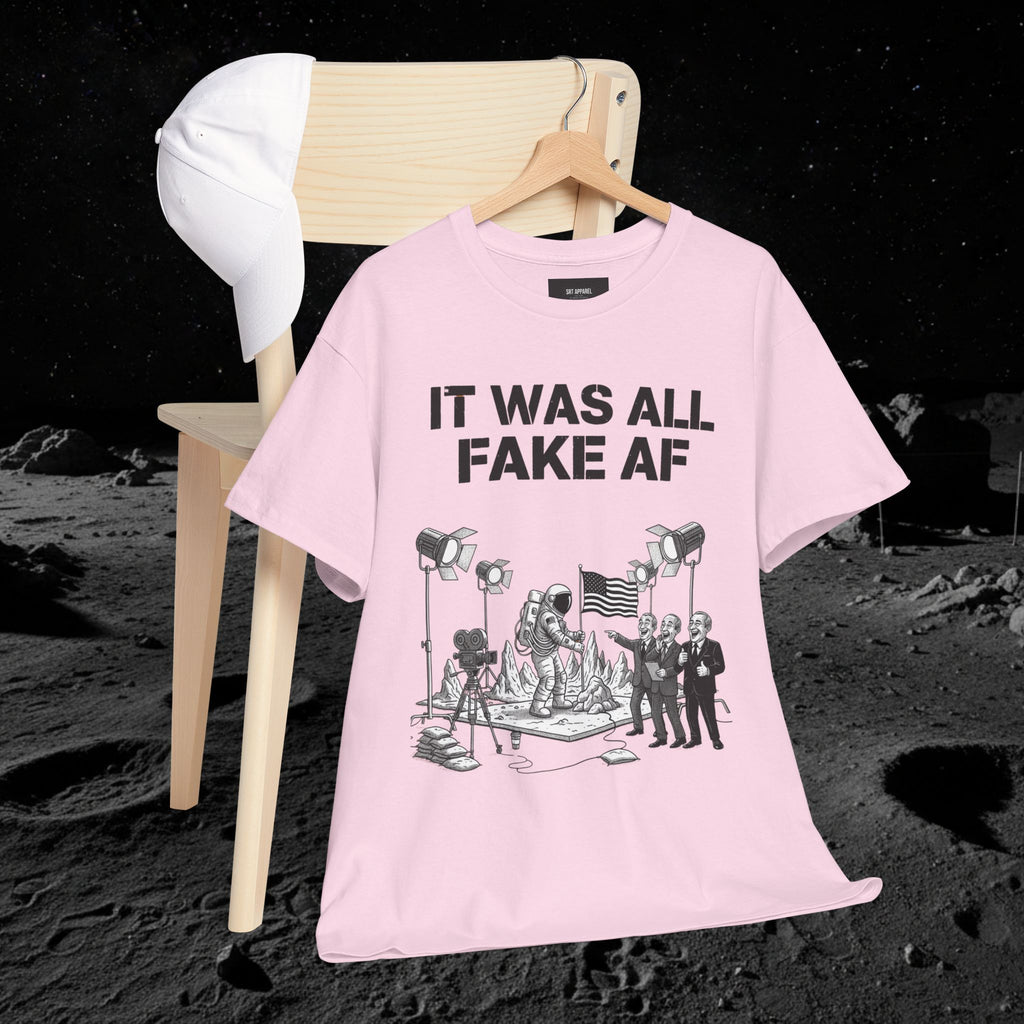 Fake Moon Landing Tee — "It Was All Fake AF" Front & "Stay Woke" Back