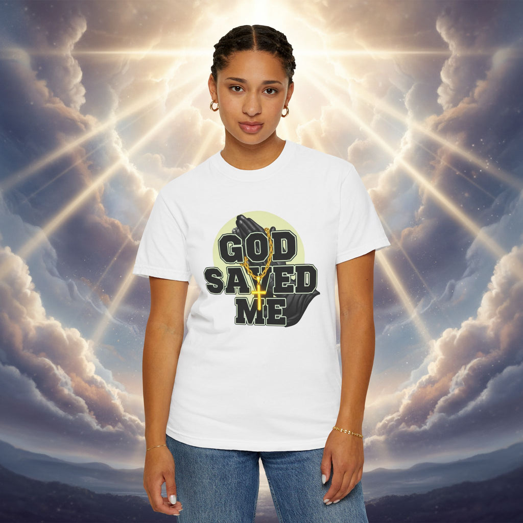 God Saved Me T-Shirt — Christian Faith Tee with Praying Hands & Psalm 27:1 Back Print