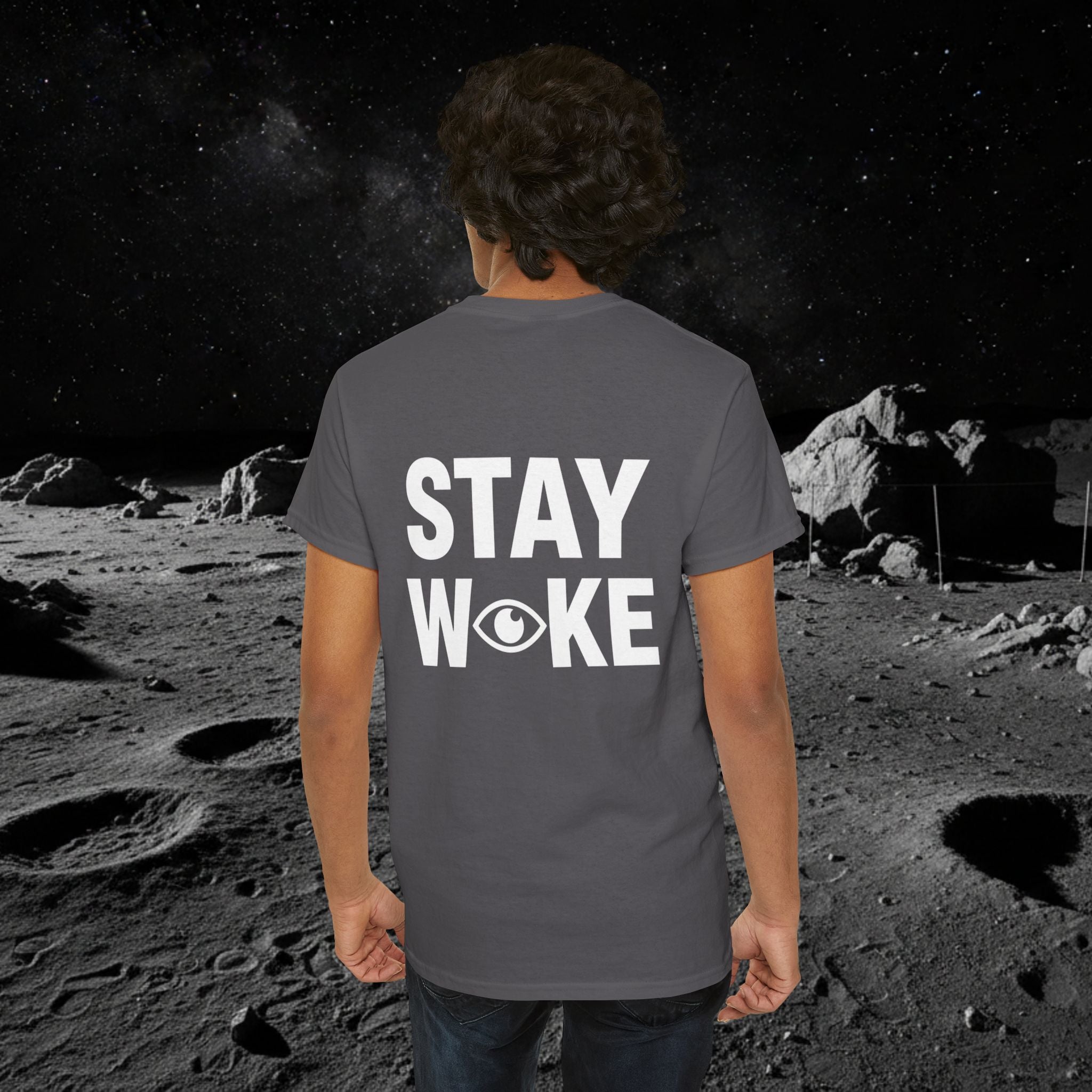 Fake Moon Landing Tee — "It Was All Fake AF" Front & "Stay Woke" Back