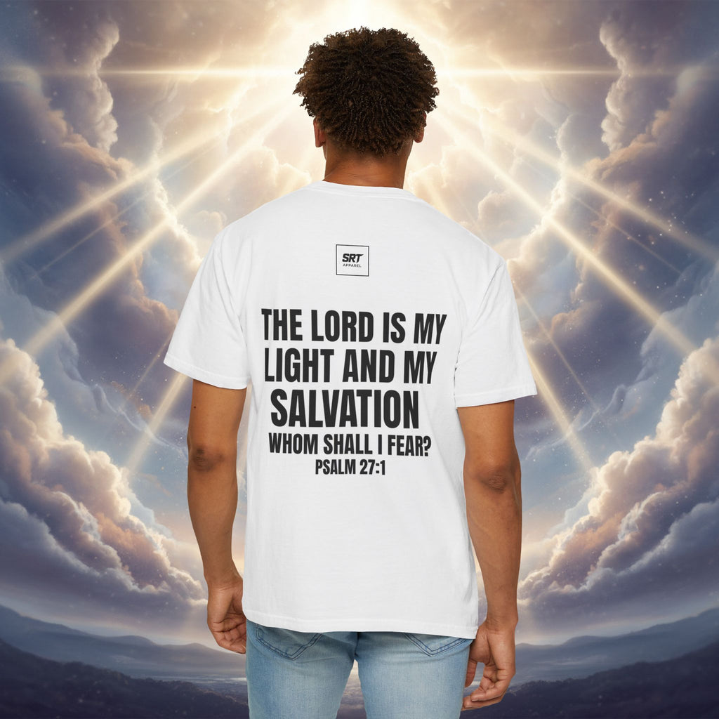 God Saved Me T-Shirt — Christian Faith Tee with Praying Hands & Psalm 27:1 Back Print