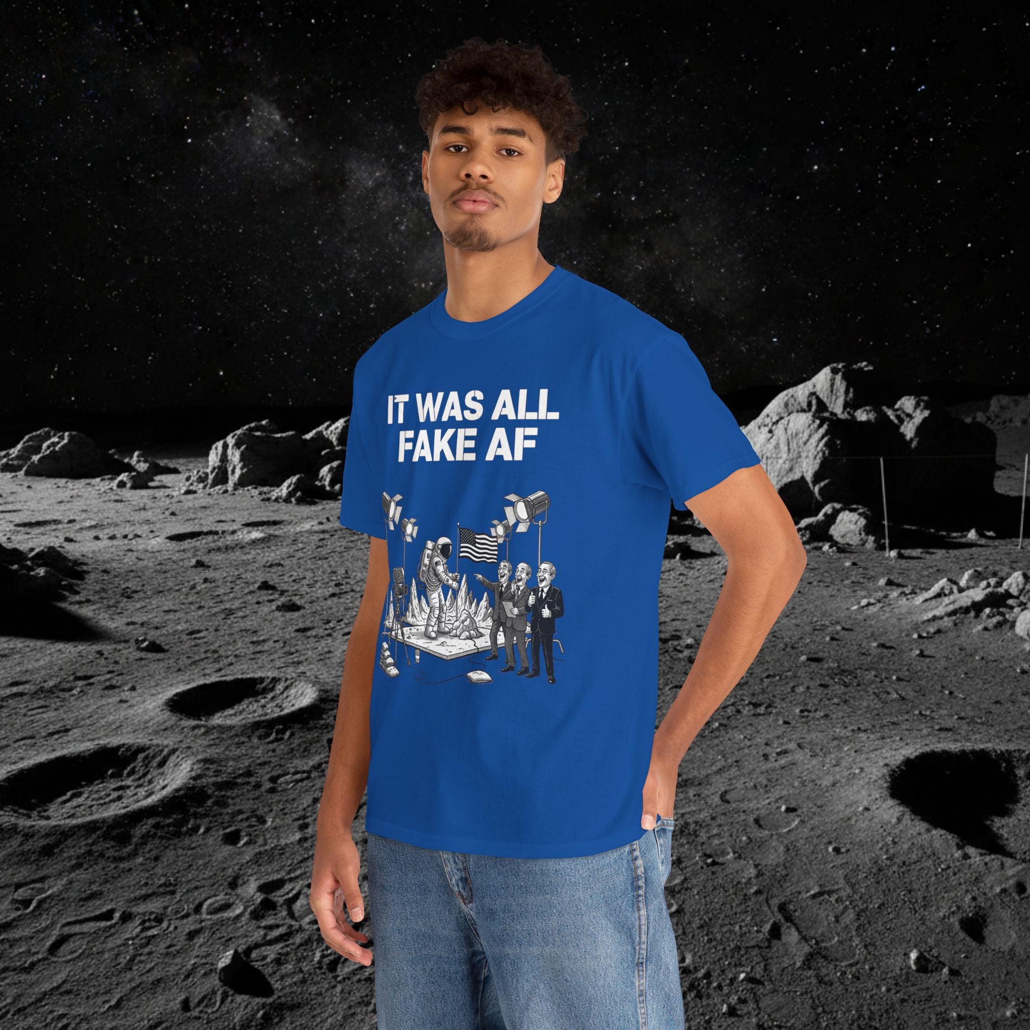 Fake Moon Landing Tee — "It Was All Fake AF" Front & "Stay Woke" Back