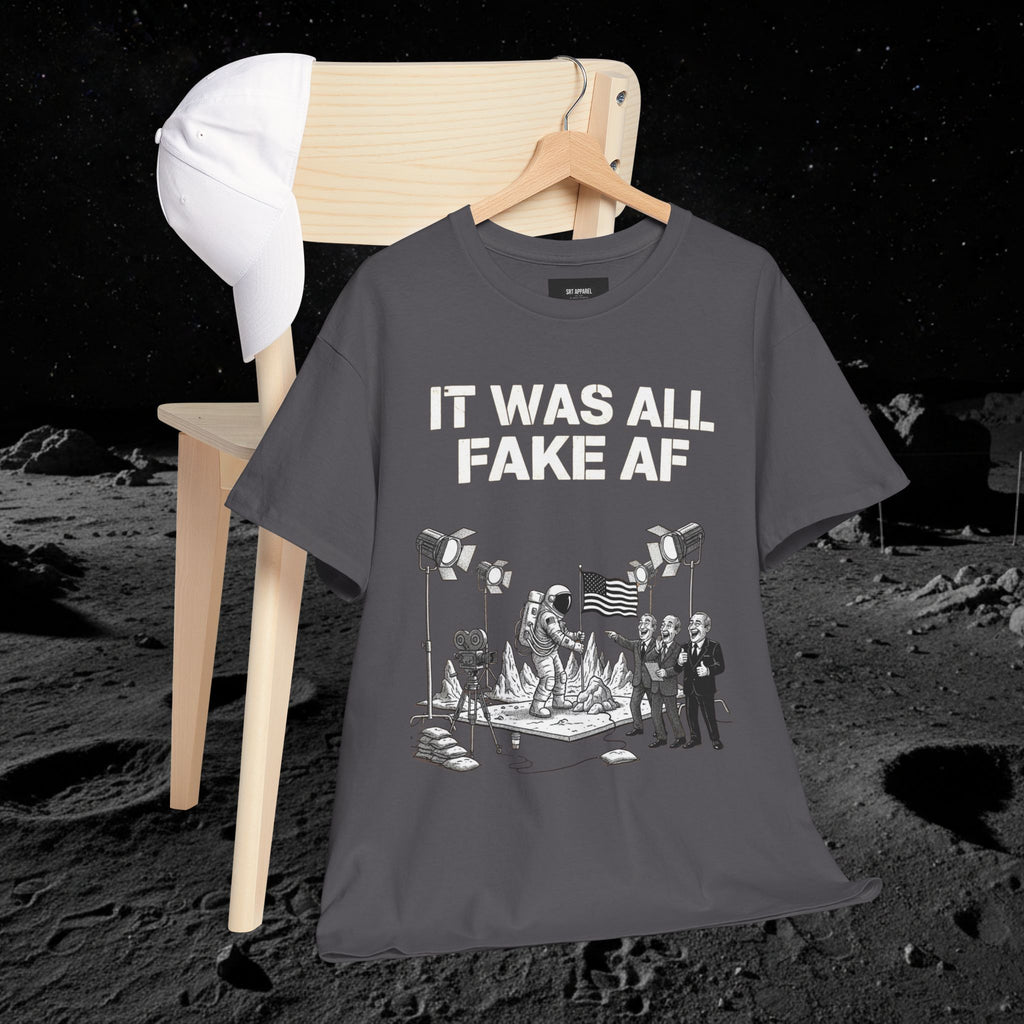 Fake Moon Landing Tee — "It Was All Fake AF" Front & "Stay Woke" Back
