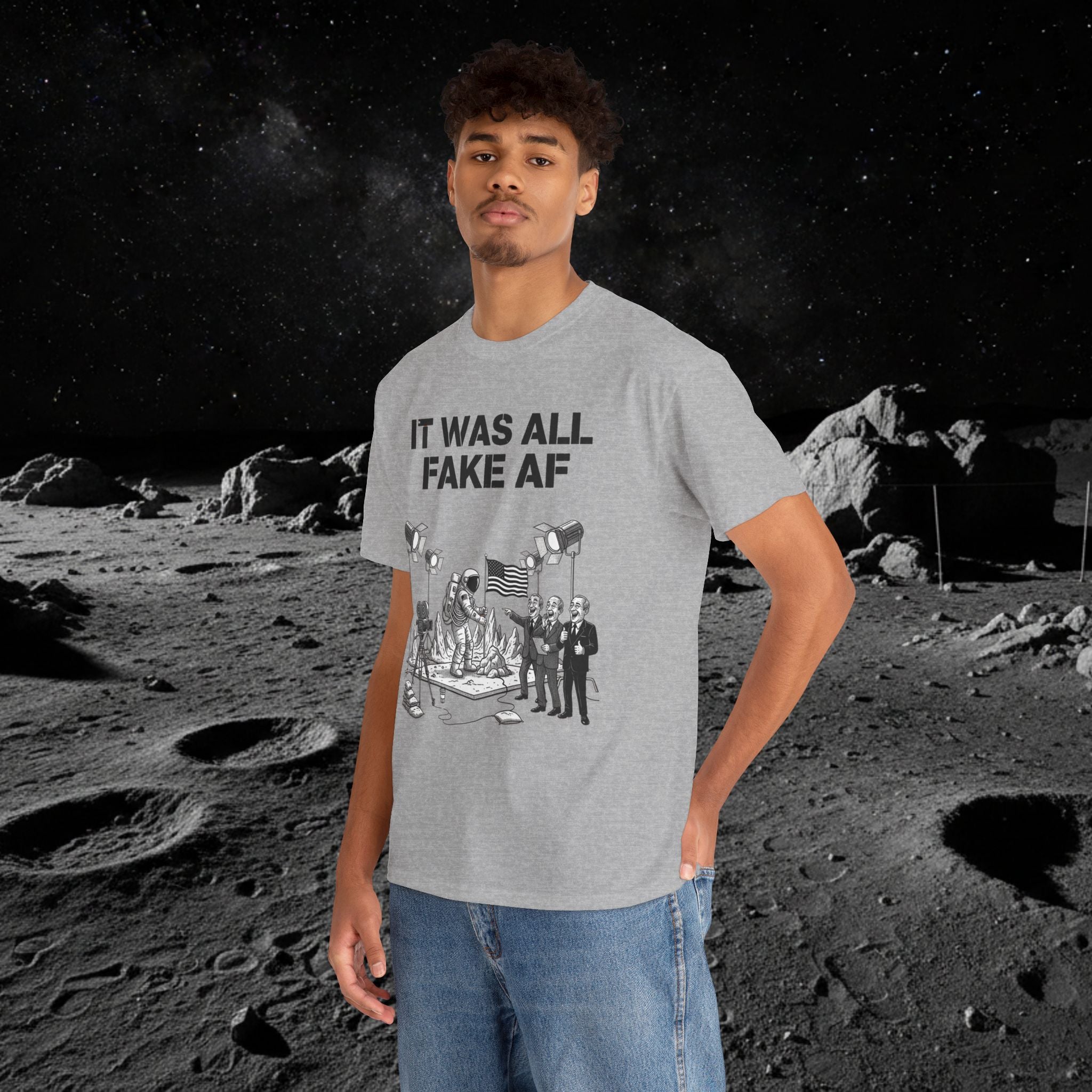 Fake Moon Landing Tee — "It Was All Fake AF" Front & "Stay Woke" Back