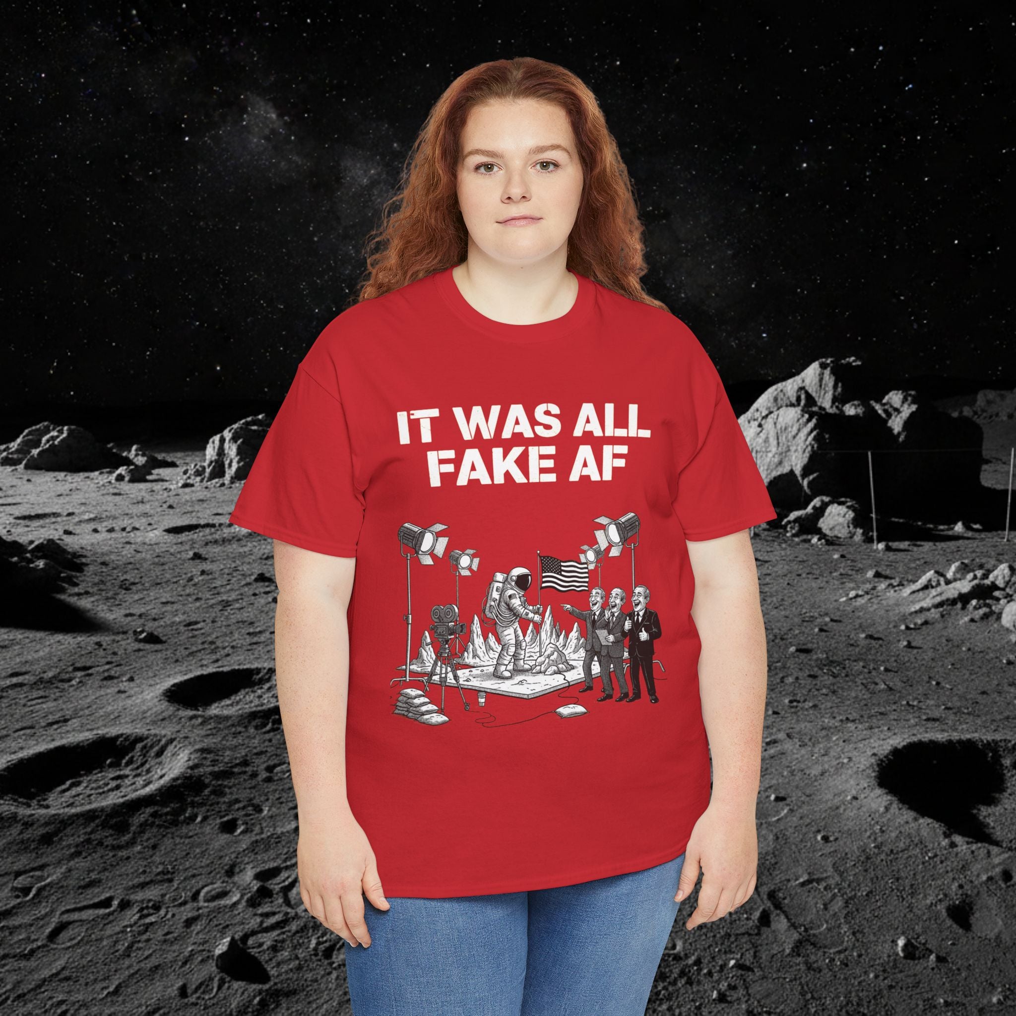 Fake Moon Landing Tee — "It Was All Fake AF" Front & "Stay Woke" Back