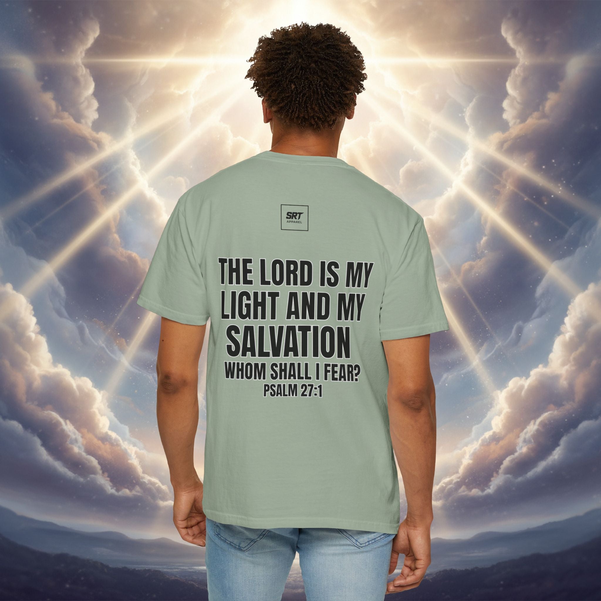God Saved Me T-Shirt — Christian Faith Tee with Praying Hands & Psalm 27:1 Back Print