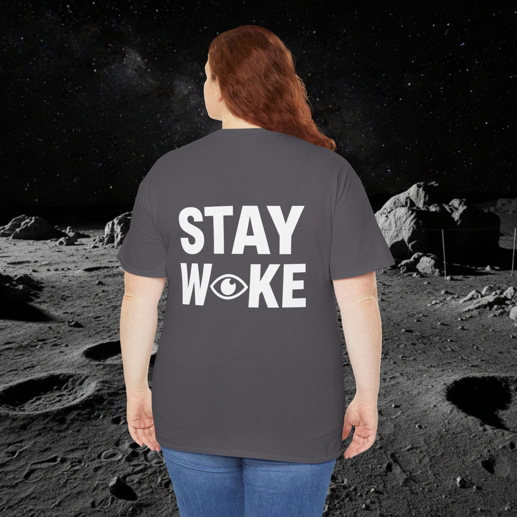 Fake Moon Landing Tee — "It Was All Fake AF" Front & "Stay Woke" Back