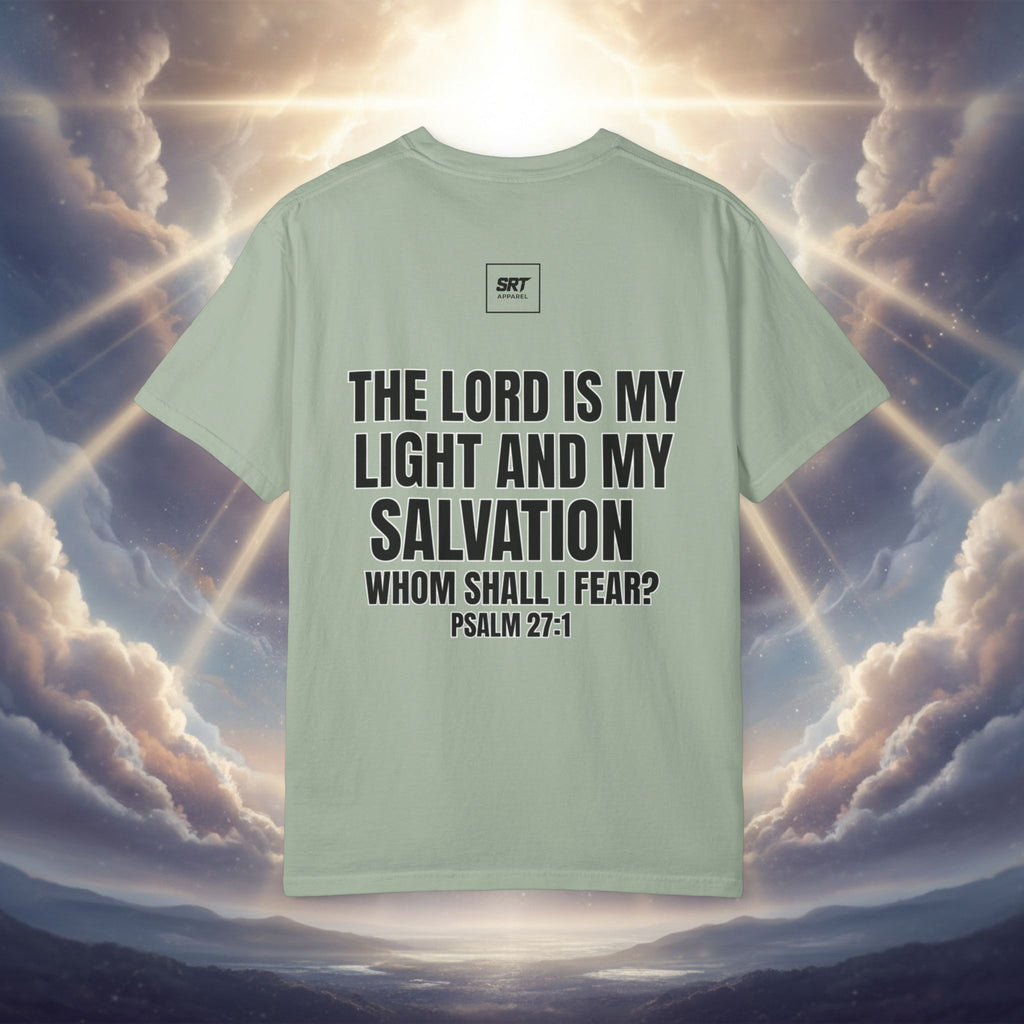 God Saved Me T-Shirt — Christian Faith Tee with Praying Hands & Psalm 27:1 Back Print