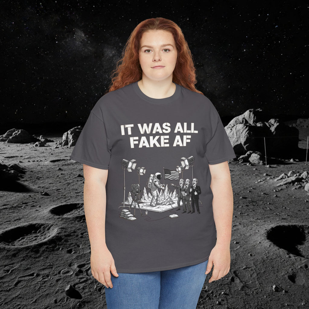 Fake Moon Landing Tee — "It Was All Fake AF" Front & "Stay Woke" Back