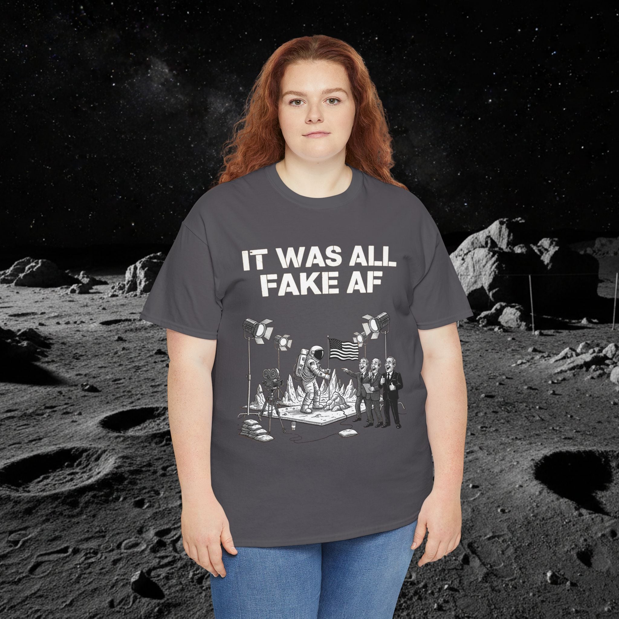 Fake Moon Landing Tee — "It Was All Fake AF" Front & "Stay Woke" Back