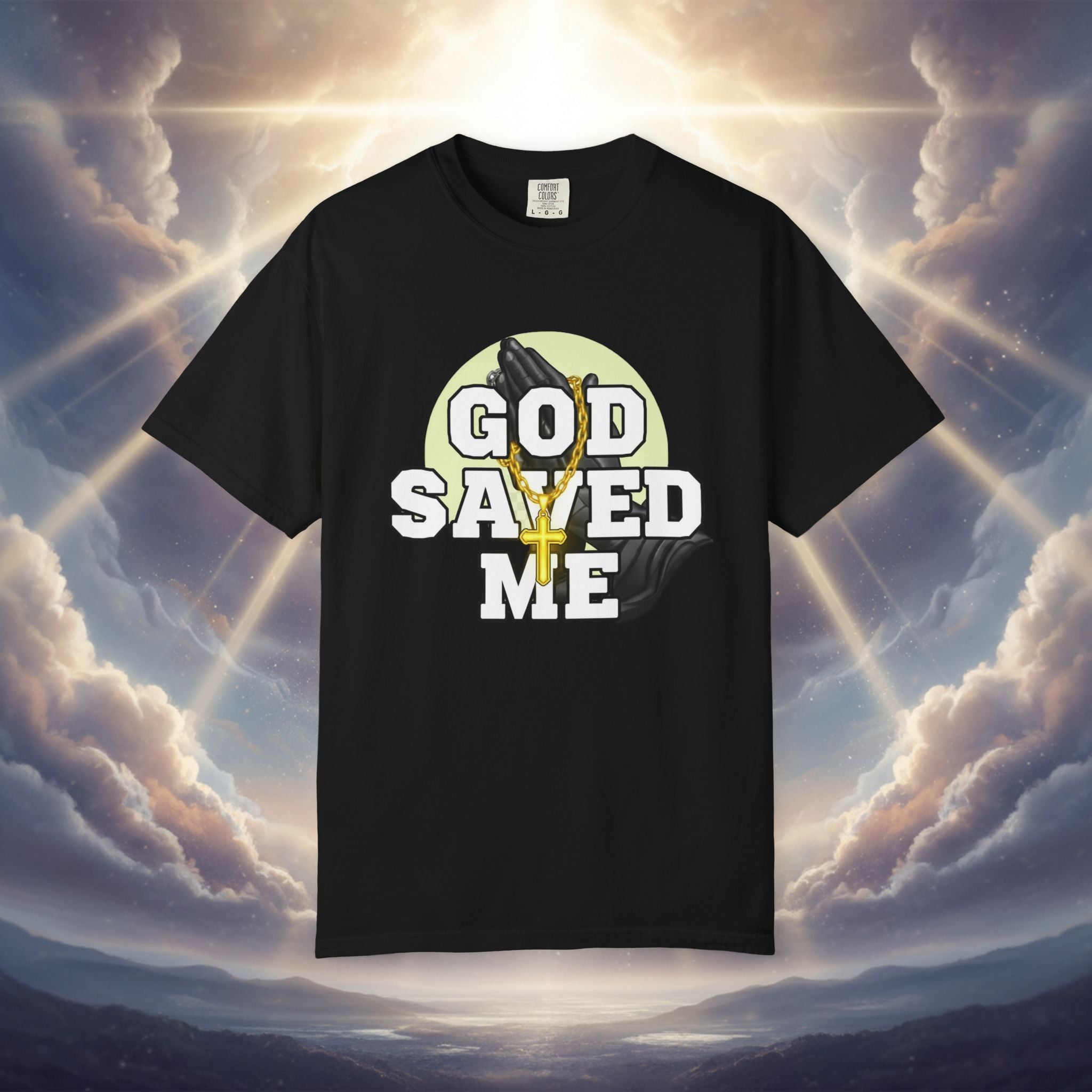 God Saved Me T-Shirt — Christian Faith Tee with Praying Hands & Psalm 27:1 Back Print