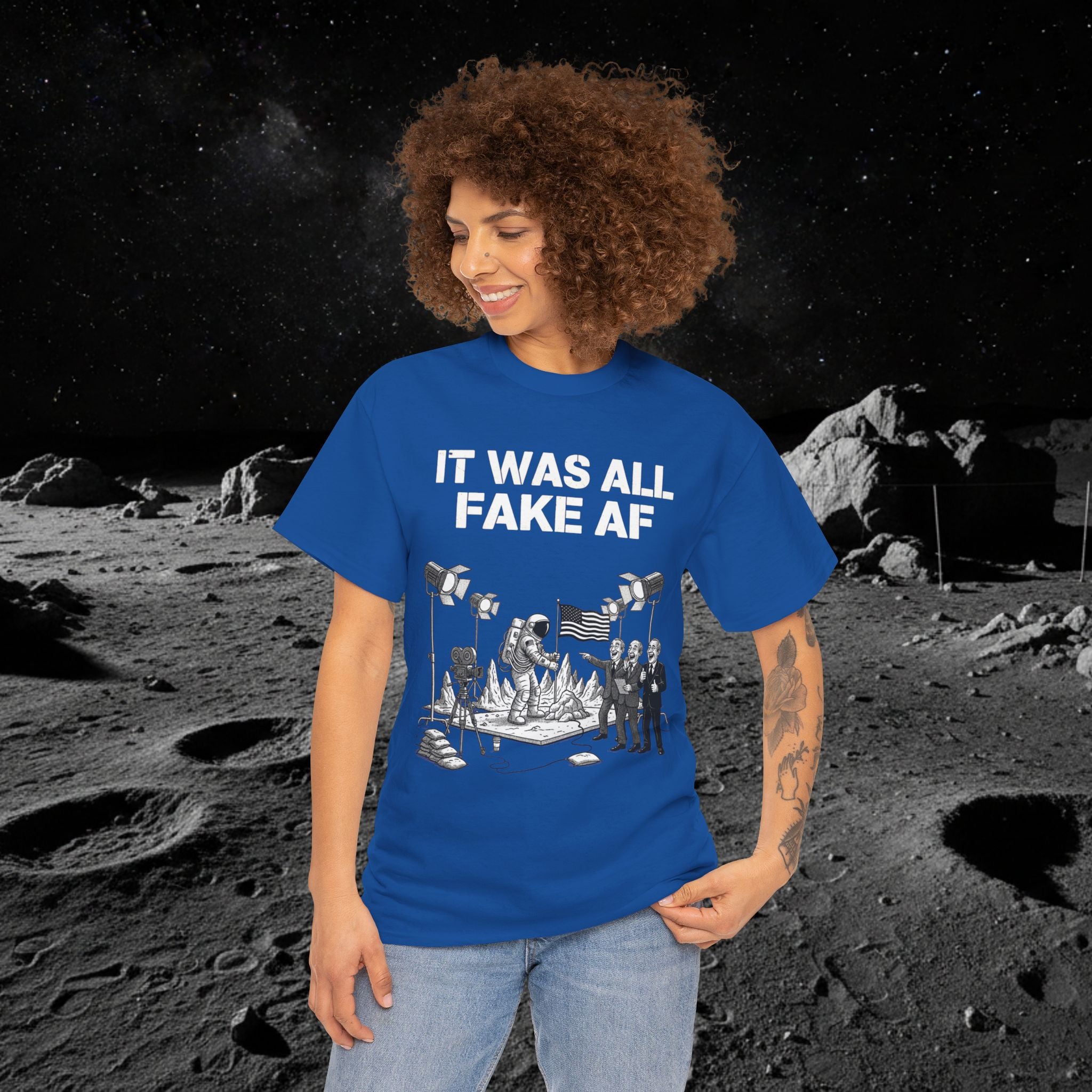 Fake Moon Landing Tee — "It Was All Fake AF" Front & "Stay Woke" Back