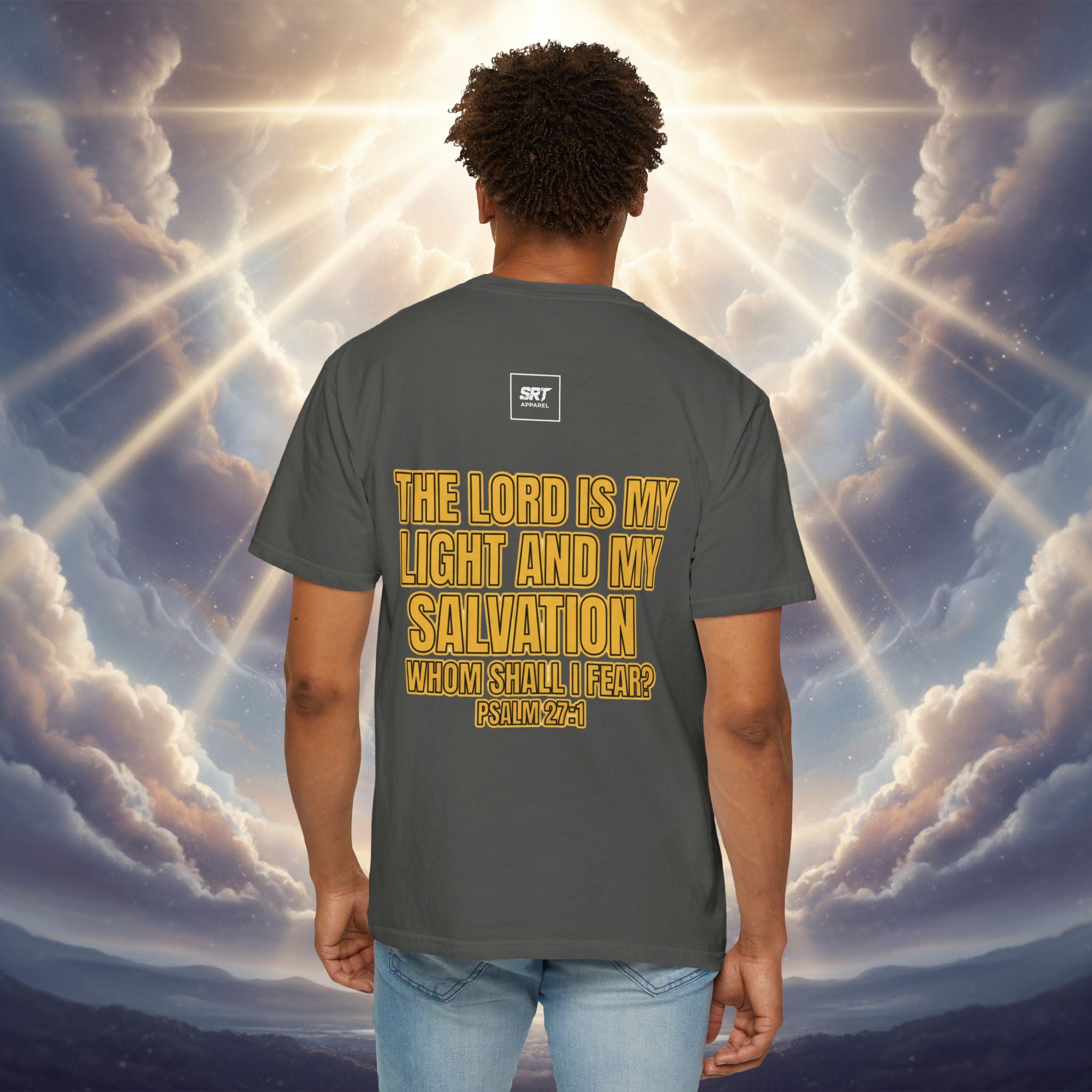 God Saved Me T-Shirt — Christian Faith Tee with Praying Hands & Psalm 27:1 Back Print