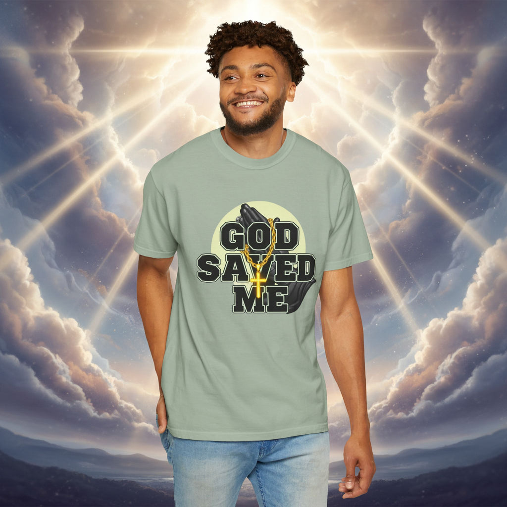 God Saved Me T-Shirt — Christian Faith Tee with Praying Hands & Psalm 27:1 Back Print
