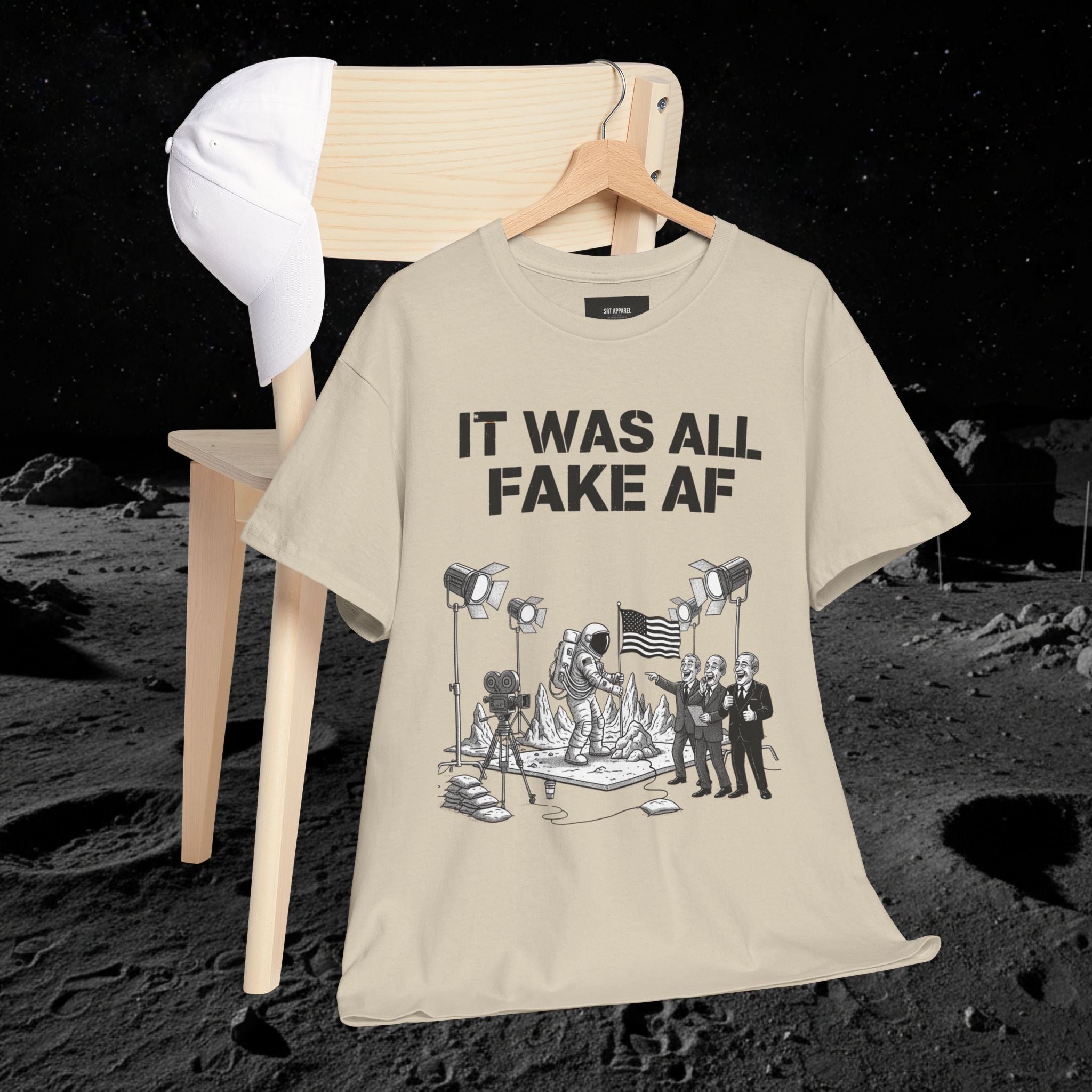 Fake Moon Landing Tee — "It Was All Fake AF" Front & "Stay Woke" Back