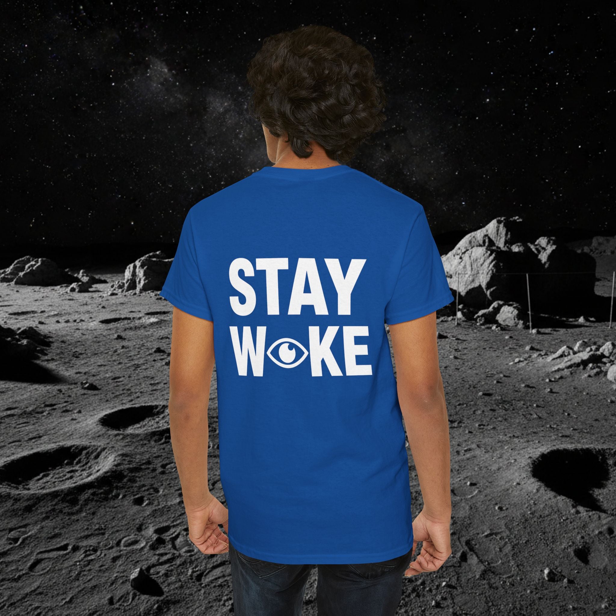 Fake Moon Landing Tee — "It Was All Fake AF" Front & "Stay Woke" Back