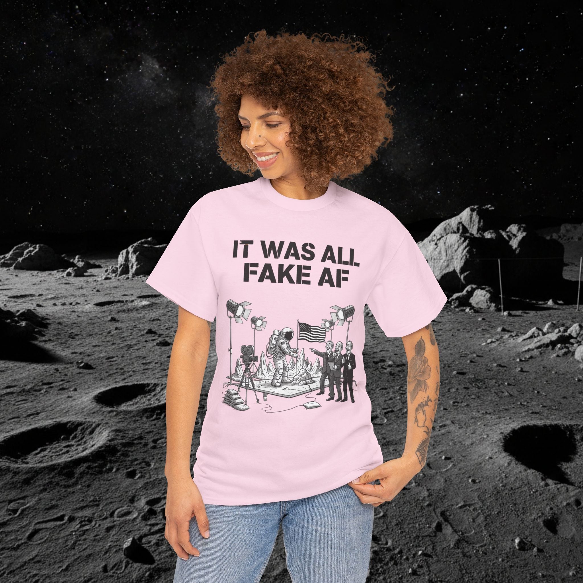 Fake Moon Landing Tee — "It Was All Fake AF" Front & "Stay Woke" Back