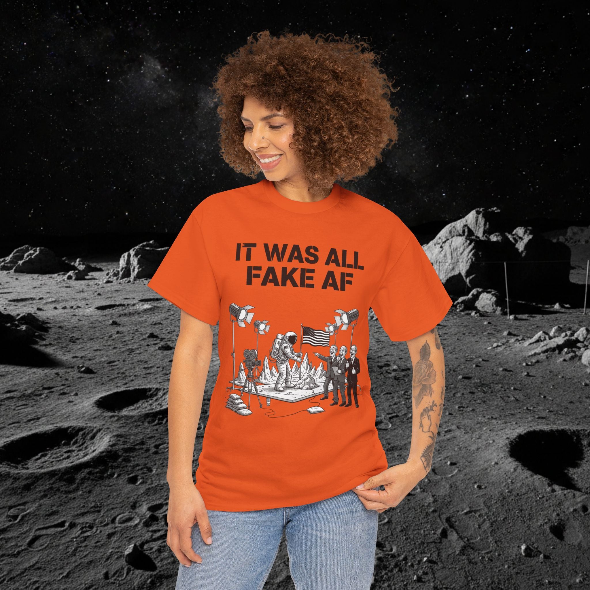 Fake Moon Landing Tee — "It Was All Fake AF" Front & "Stay Woke" Back