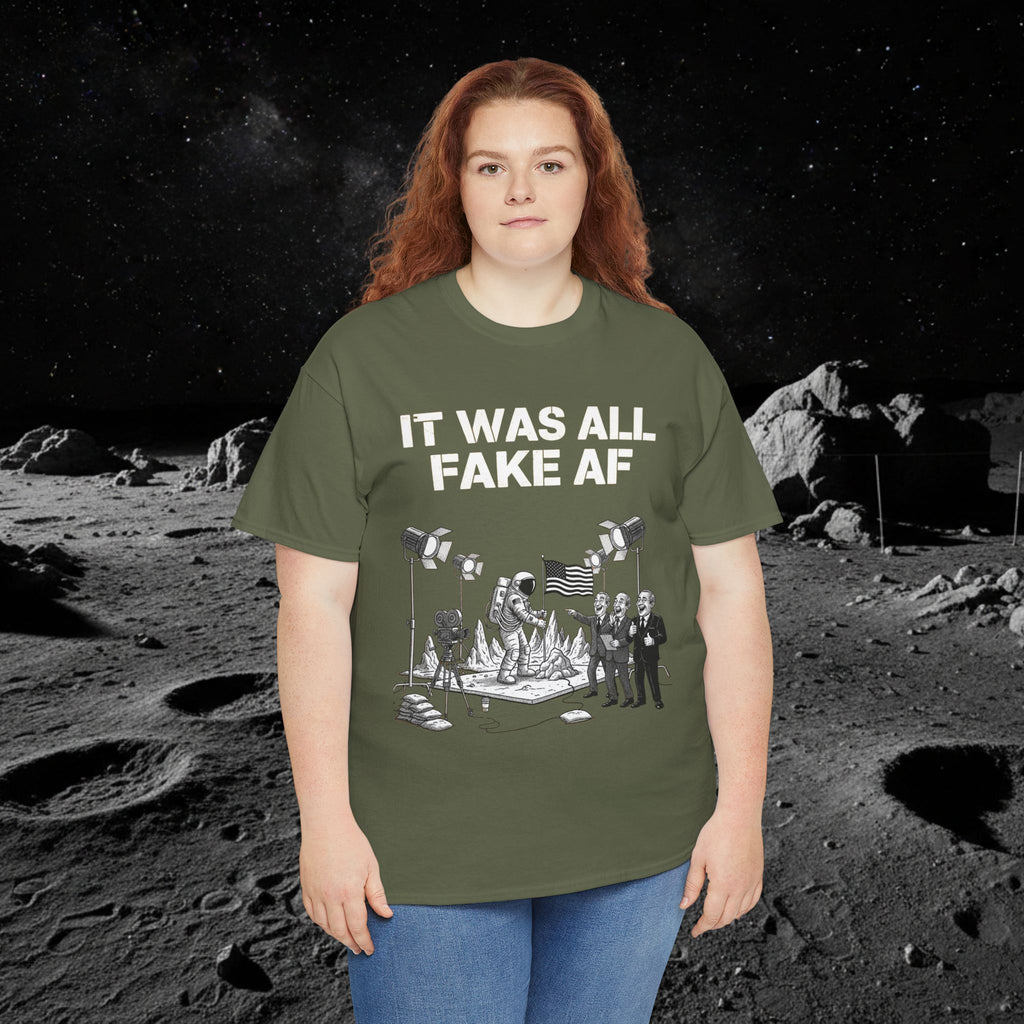 Fake Moon Landing Tee — "It Was All Fake AF" Front & "Stay Woke" Back