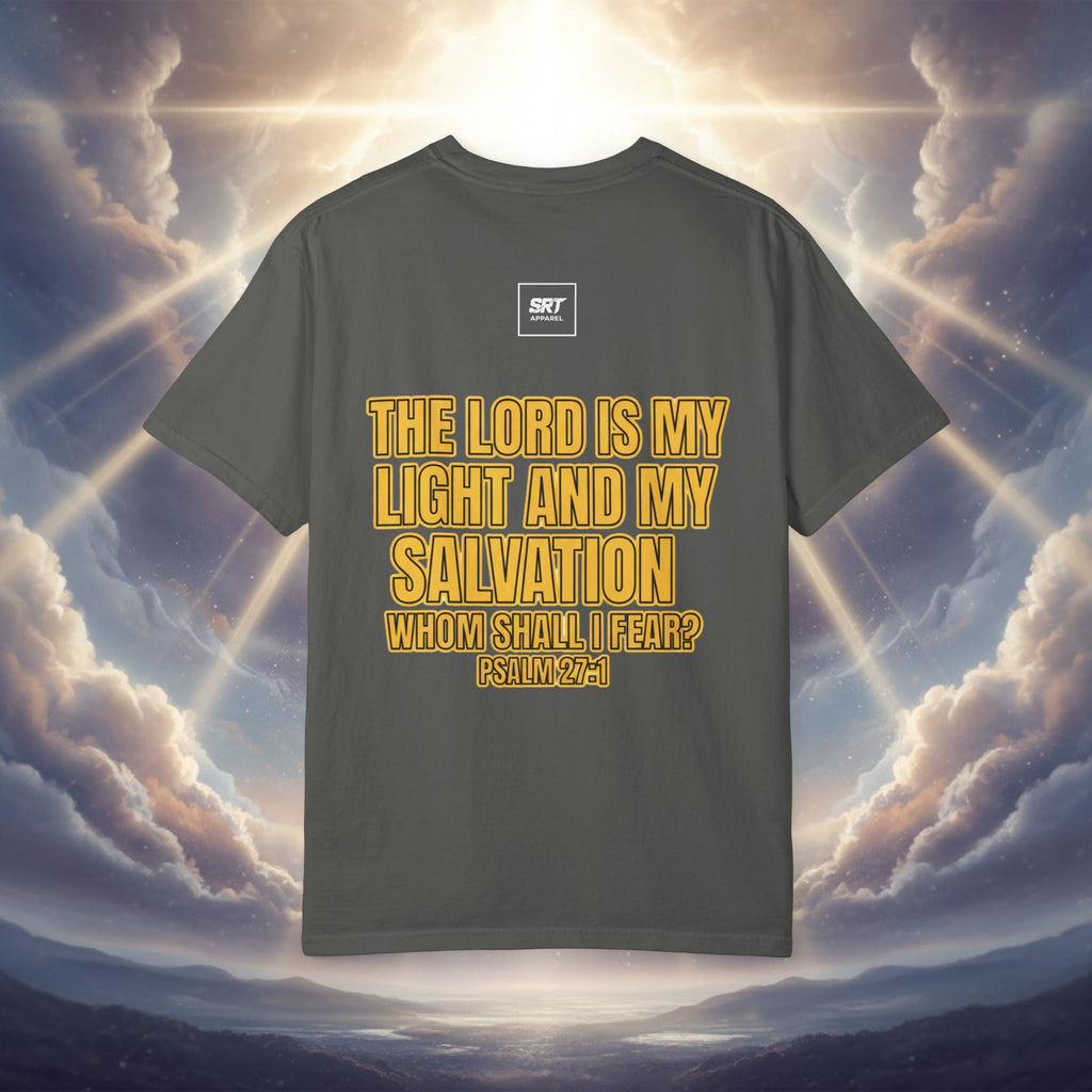 God Saved Me T-Shirt — Christian Faith Tee with Praying Hands & Psalm 27:1 Back Print