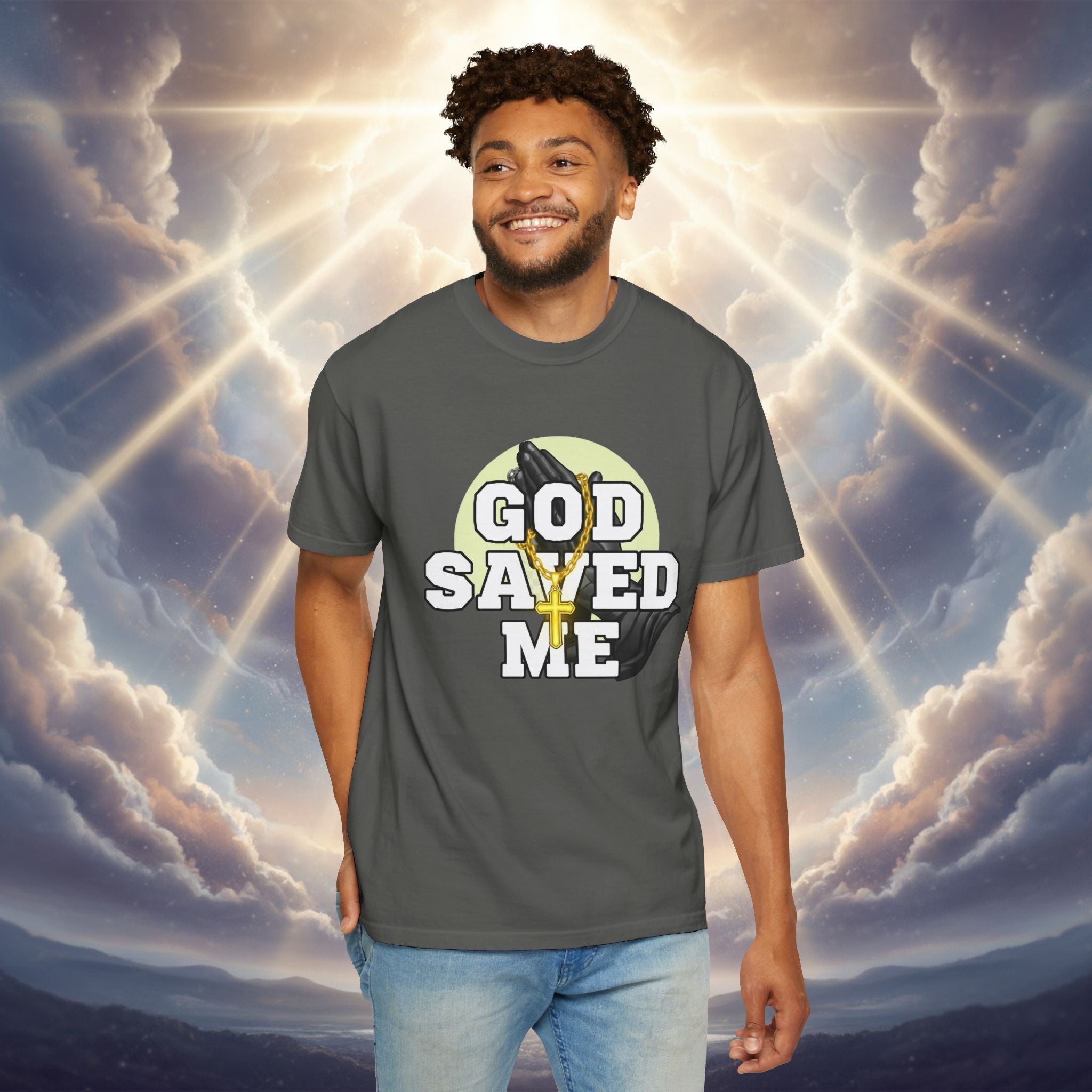 God Saved Me T-Shirt — Christian Faith Tee with Praying Hands & Psalm 27:1 Back Print