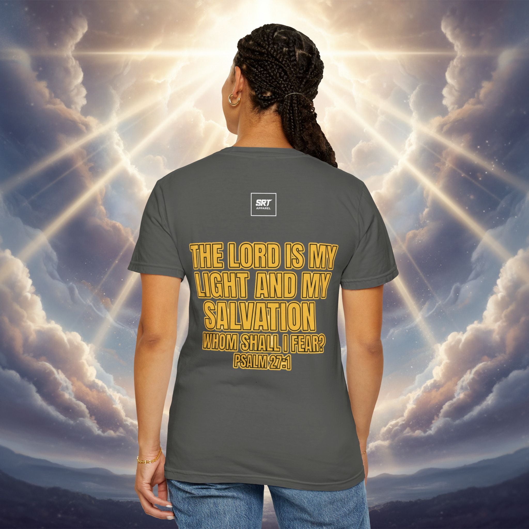God Saved Me T-Shirt — Christian Faith Tee with Praying Hands & Psalm 27:1 Back Print