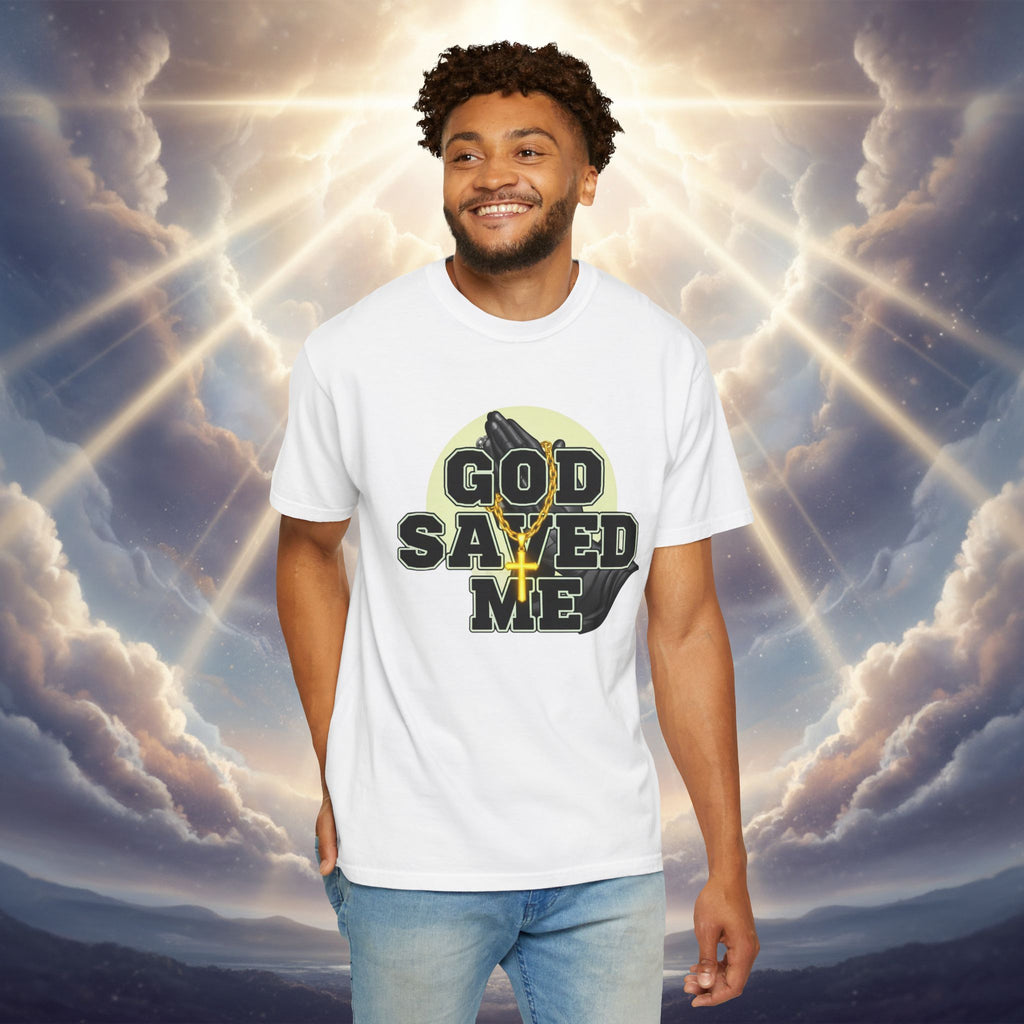 God Saved Me T-Shirt — Christian Faith Tee with Praying Hands & Psalm 27:1 Back Print