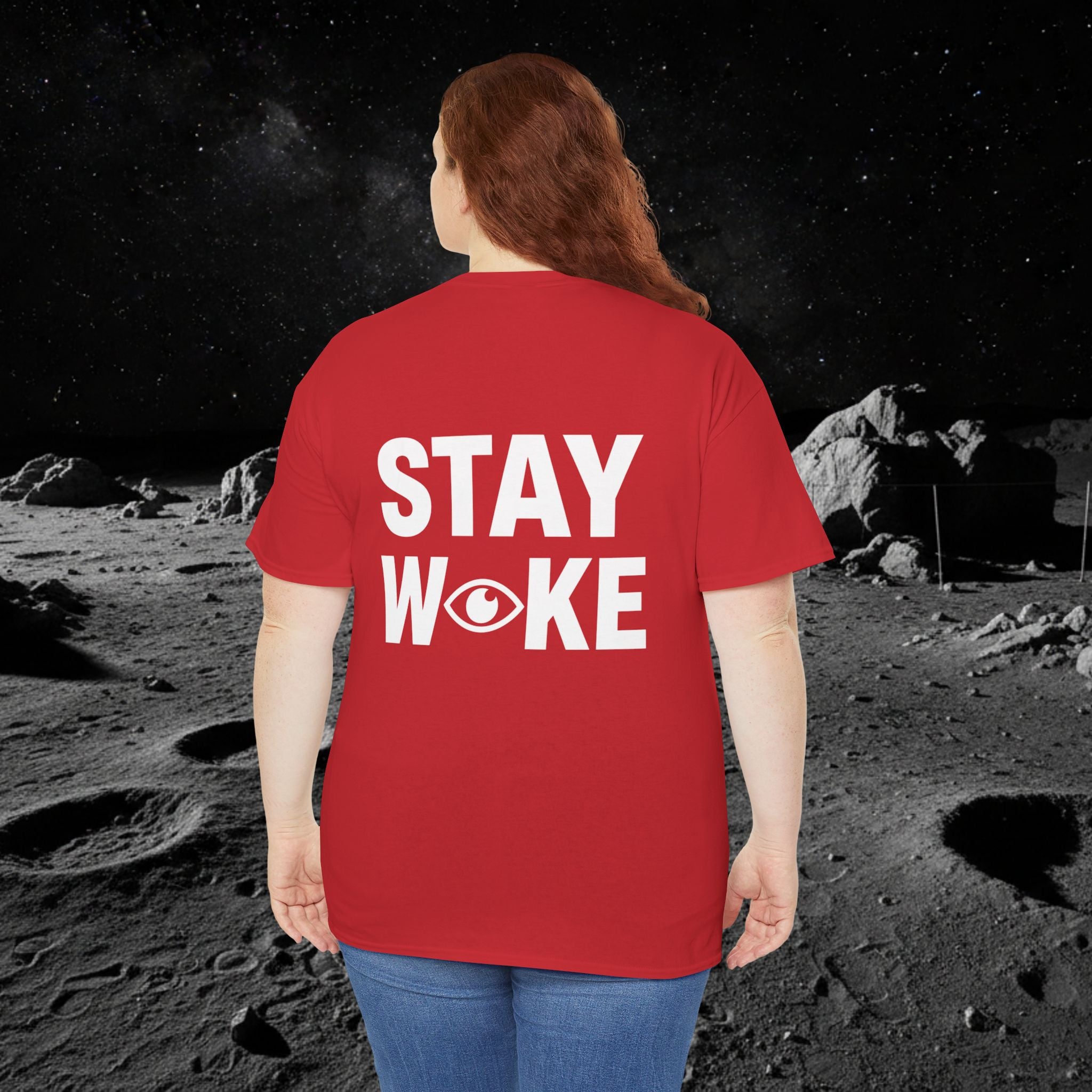 Fake Moon Landing Tee — "It Was All Fake AF" Front & "Stay Woke" Back