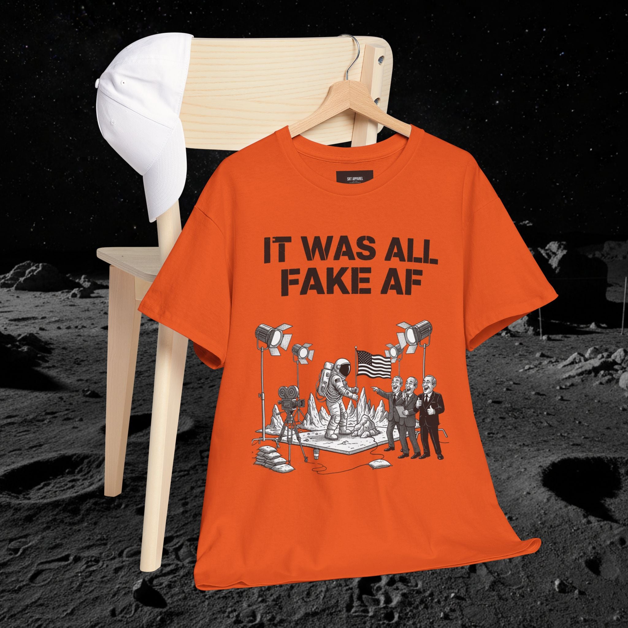 Fake Moon Landing Tee — "It Was All Fake AF" Front & "Stay Woke" Back