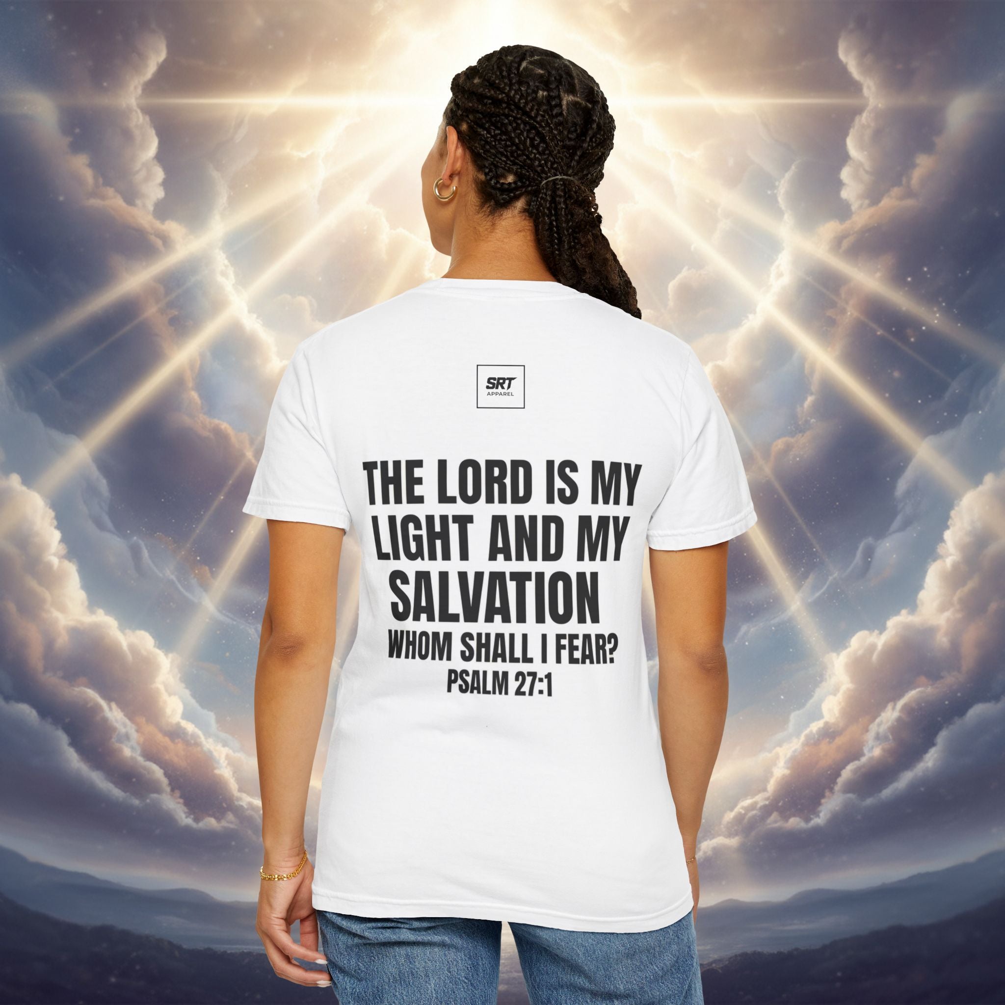 God Saved Me T-Shirt — Christian Faith Tee with Praying Hands & Psalm 27:1 Back Print