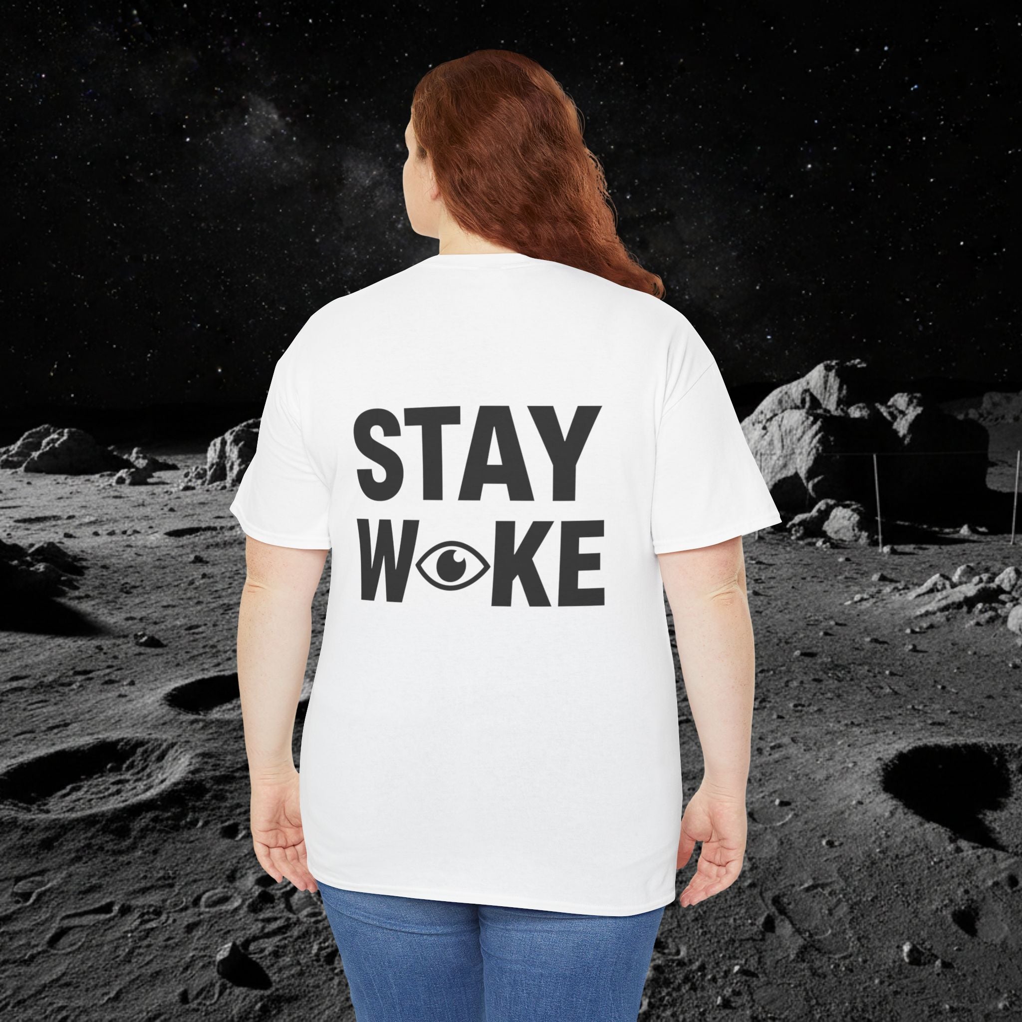 Fake Moon Landing Tee — "It Was All Fake AF" Front & "Stay Woke" Back
