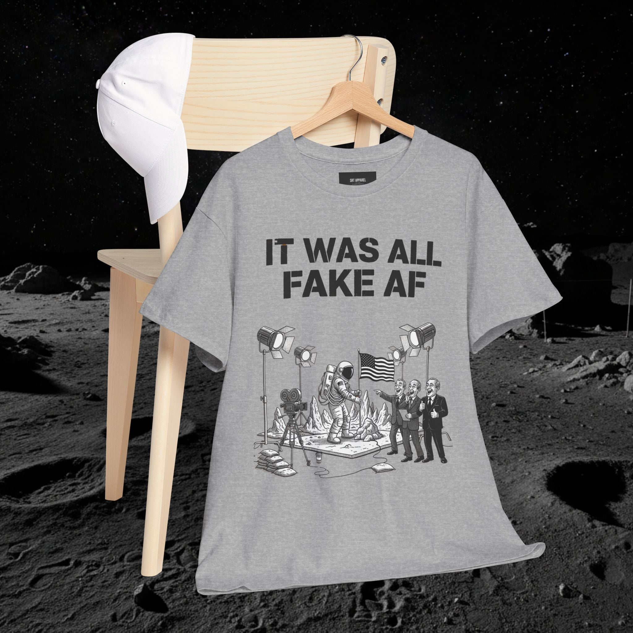 Fake Moon Landing Tee — "It Was All Fake AF" Front & "Stay Woke" Back