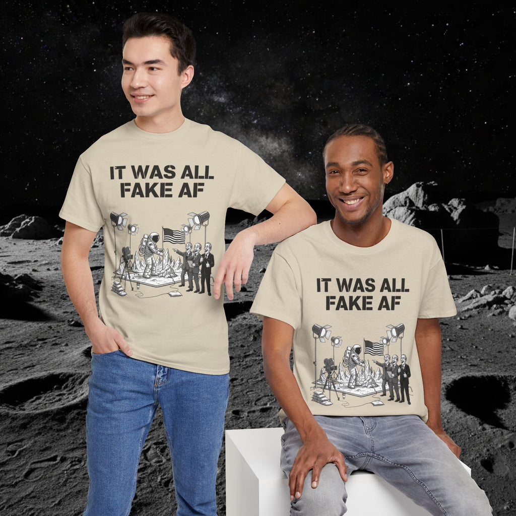 Fake Moon Landing Tee — "It Was All Fake AF" Front & "Stay Woke" Back
