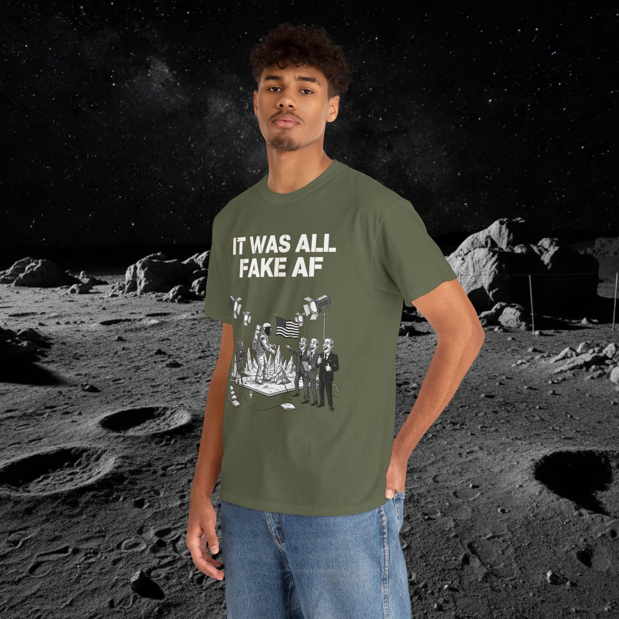 Fake Moon Landing Tee — "It Was All Fake AF" Front & "Stay Woke" Back