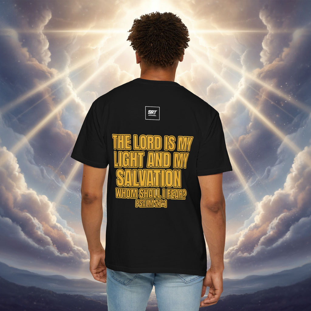 God Saved Me T-Shirt — Christian Faith Tee with Praying Hands & Psalm 27:1 Back Print