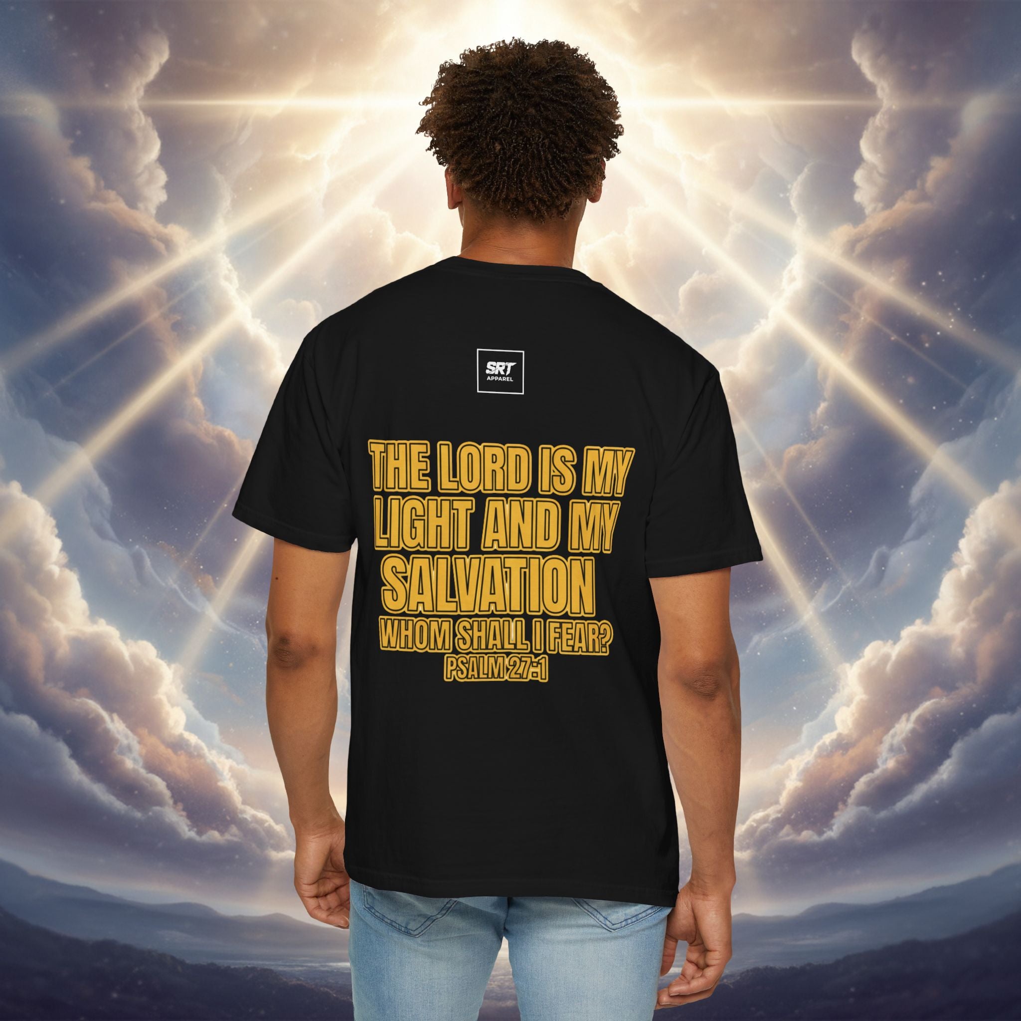 God Saved Me T-Shirt — Christian Faith Tee with Praying Hands & Psalm 27:1 Back Print