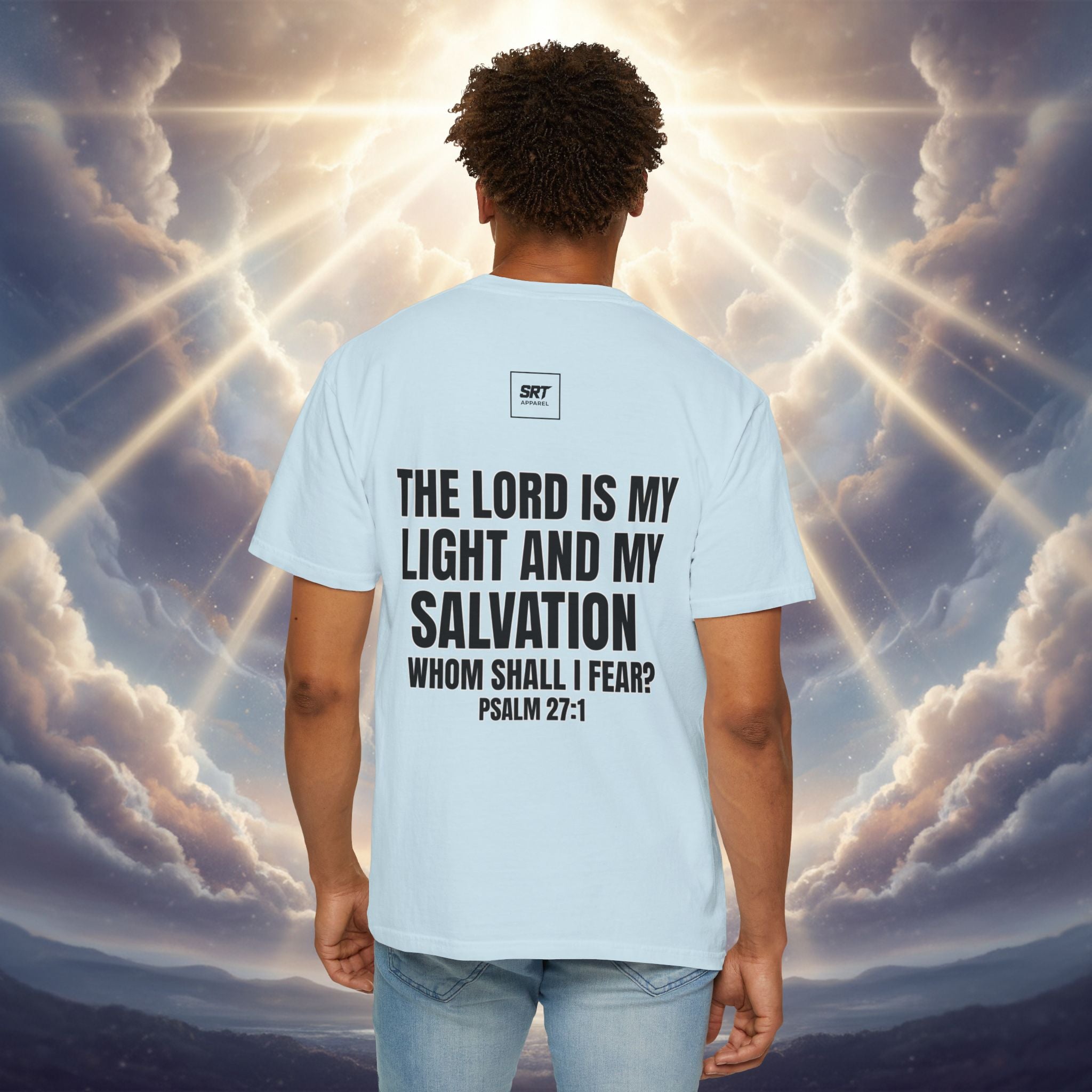 God Saved Me T-Shirt — Christian Faith Tee with Praying Hands & Psalm 27:1 Back Print